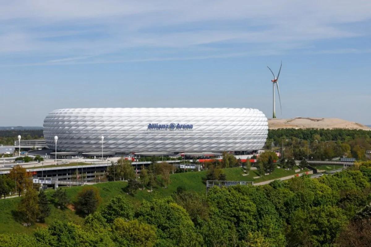 This photo taken on April 28, 2026 shows the Allianz Arena, home stadium of FC Bayern Munich, in Munich, Bavaria, southern Germany, as seen from a platform of a wastewater treatment plant. Michaela STACHE / AFP