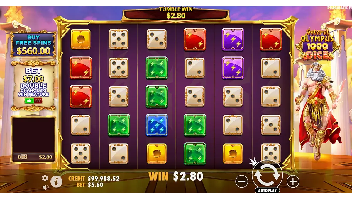 Screenshot of Gates of Olympus 1000 Dice, an online slot with win multipliers developed by Pragmatic Play.