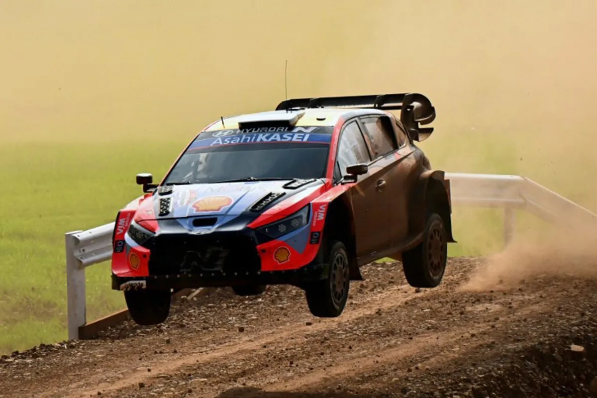Estonian driver Ott Tanak and co-driver Martin Jarveoja compete in their Hyundai i20 N Rally1 during the Trinidad stage of the WRC Rally Paraguay, 10th stage of the FIA World Rally Championship (WRC), in Trinidad, near Encarnacion, Paraguay on August 31, 2025. Luis ROBAYO / AFP