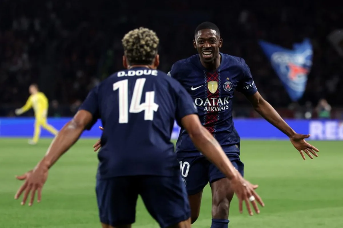 Paris Saint-Germain's French forward #10 Ousmane Dembele celebrates after scoring his team fifth goal during the UEFA Champions League semi-final first leg football match between Paris Saint-Germain (PSG) and Bayern Munich at the Parc des Princes in Paris on April 28, 2026.  ALAIN JOCARD / AFP
