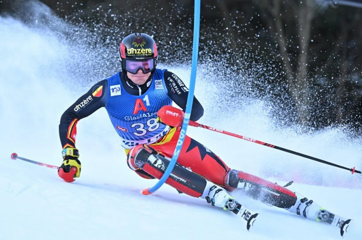 Belgium's Armand Marchant competes during the first run of the Hahnenkamm Men's Slalom event of the FIS Alpine Skiing World Cup in Kitzbuehel, Austria on January 21, 2024.  Joe Klamar / AFP