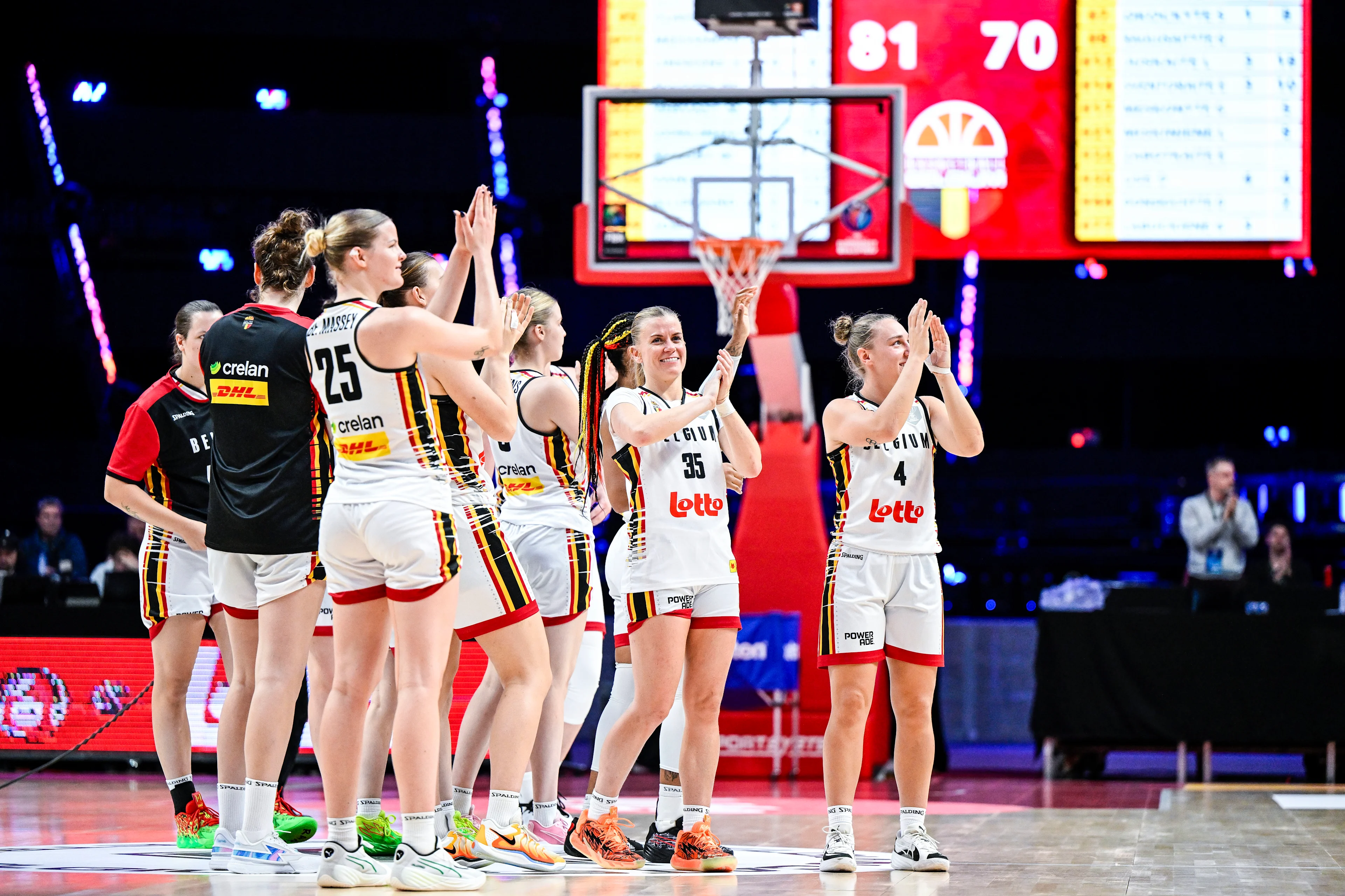 Belgium's Julie Vanloo celebrates after winning a basketball game between Belgian national team the Belgian Cats and Lithunia, a qualification game (3/6) for the 2025 Eurobasket tournament, on Thursday 07 November 2024 in Antwerp, Belgium. BELGA PHOTO TOM GOYVAERTS