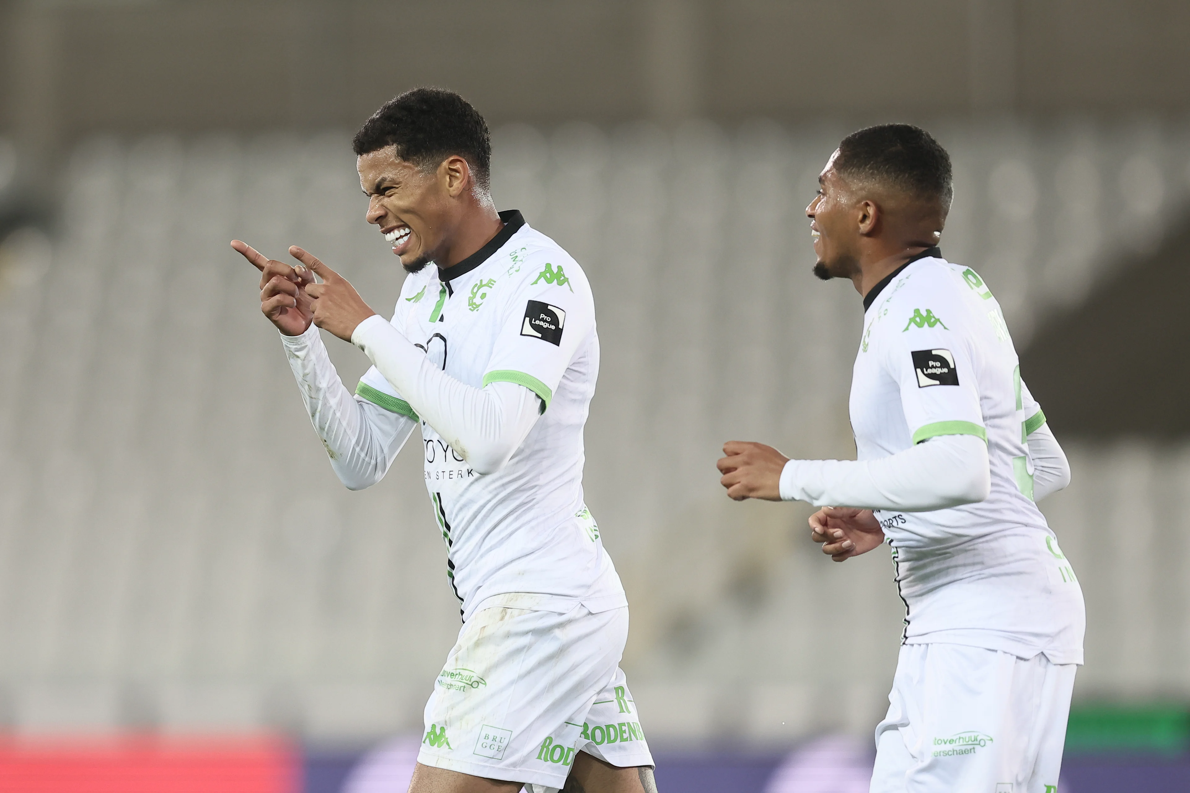 Cercle's Erick Nunes celebrates after scoring during a soccer game between JPL club Club Brugge and third division club Olympic Charleroi, Thursday 31 October 2024 in Bruges, in the round 1 of 16 of the 'Croky Cup' Belgian soccer cup. BELGA PHOTO BRUNO FAHY