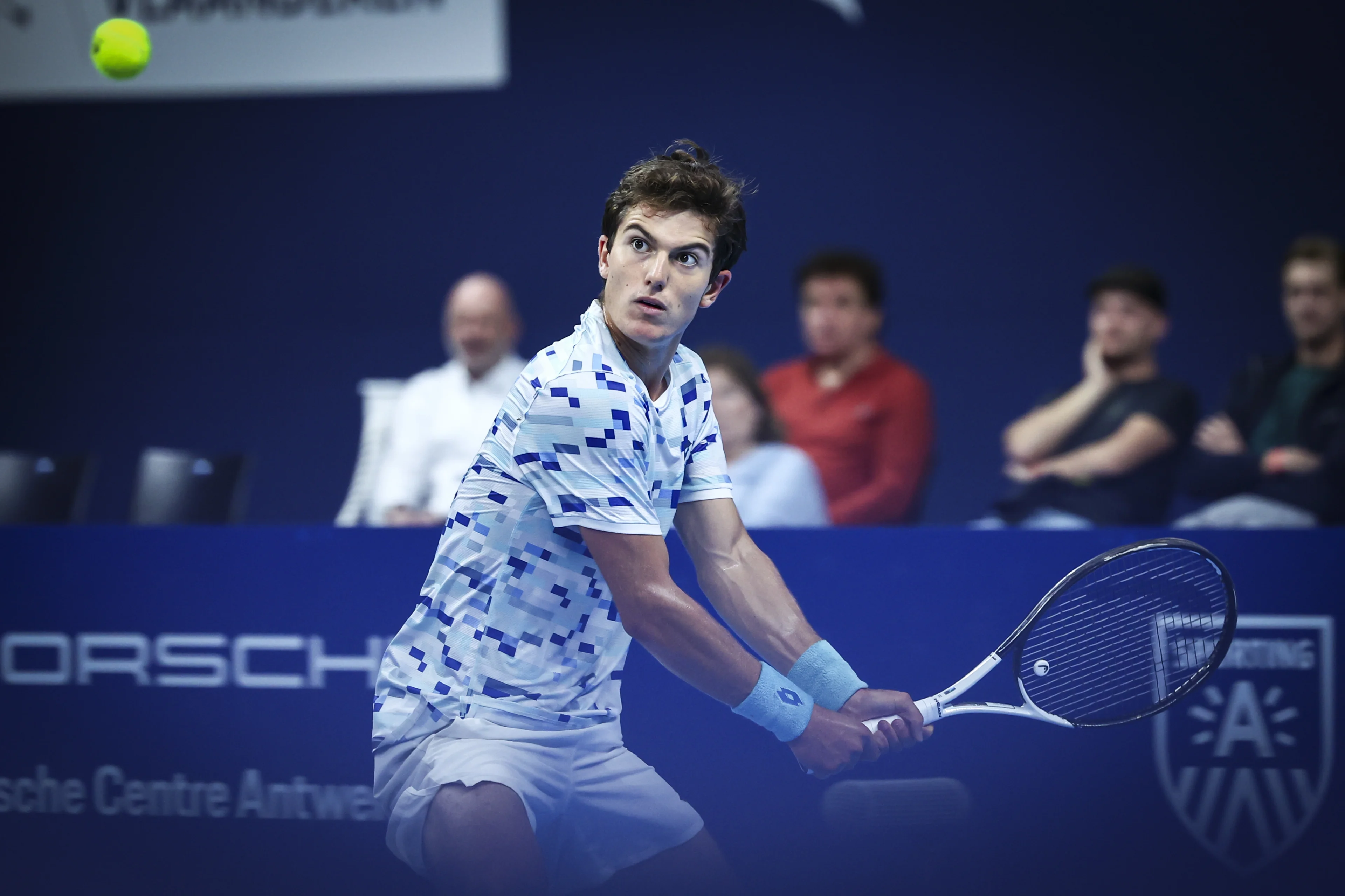 Belgian Gilles-Arnaud Bailly pictured in action during a tennis match in the round of 32 of the singles competition at the ATP European Open Tennis tournament in Antwerp, Wednesday 16 October 2024. BELGA PHOTO DAVID PINTENS