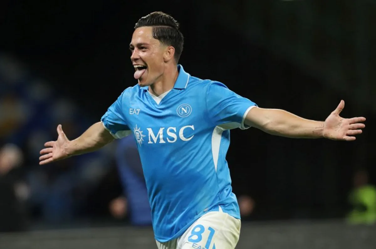 Napoli's Italian forward #81 Giacomo Raspadori celebrates after scoring a goal during the Italian Serie A football match between SSC Napoli and Genoa CFC at the Diego Armando Maradona Stadium in Naples on May 11, 2025. CARLO HERMANN / AFP