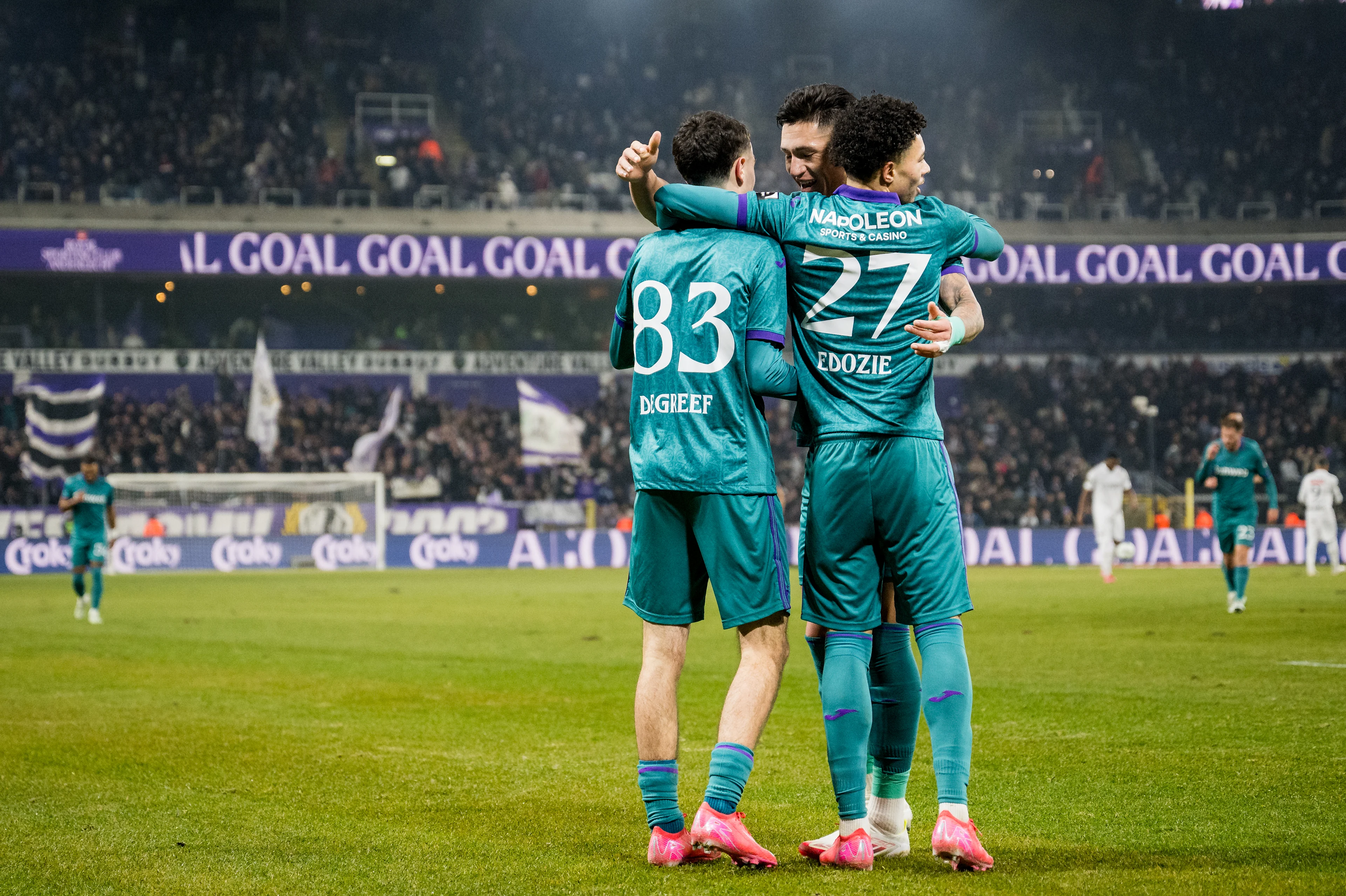 Anderlecht's Tristan Degreef celebrates after scoring during a soccer game between RSC Anderlecht and Royal Antwerp, Thursday 16 January 2025 in Brussels, in the 1/2 finals of the 'Croky Cup' Belgian soccer cup. BELGA PHOTO JASPER JACOBS