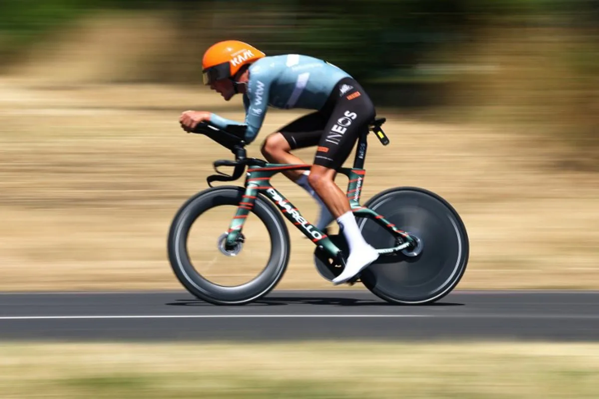 Netcompany INEOS team's British rider Joshua Tarling cycles during the 16th stage of the 113th edition of the Tour de France cycling race, 26,1 km time trial between Évian-les-Bains and Thonon-les-Bains in the French Alps, on July 21, 2026. Anne-Christine POUJOULAT / AFP