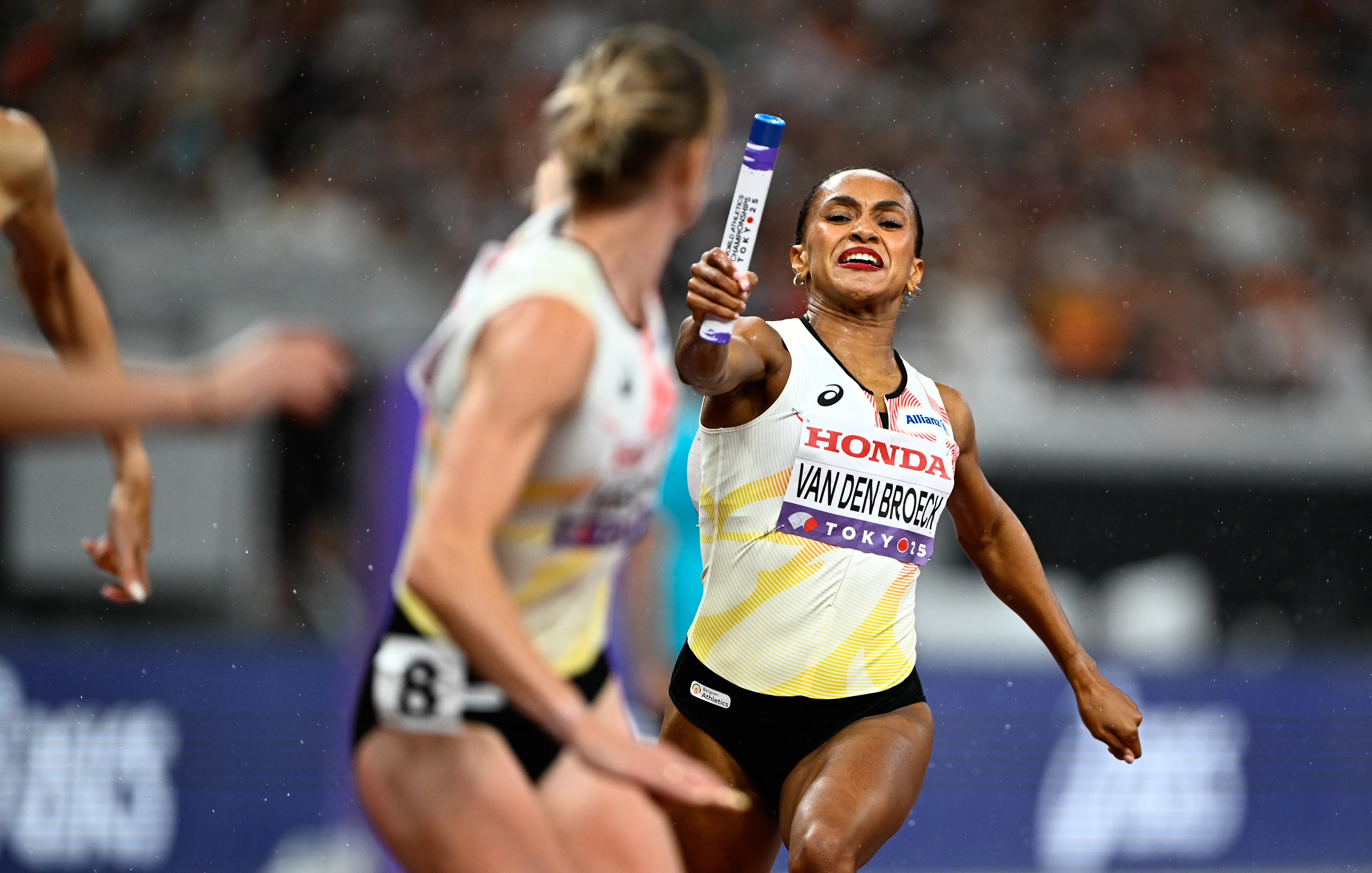 Belgian Helena Ponette and Belgian Naomi Van den Broeck pictured in action during the final of the men's 4x400m relay race, at the World Athletics Championships in Tokyo, Japan, on Sunday 21 September 2025. The outdoor Worlds are taking place from 13 to 21 September. BELGA PHOTO JASPER JACOBS