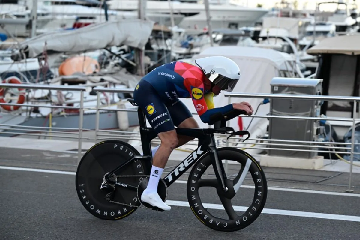 Team Lidl-Trek's Danish rider Mads Pedersen competes during the first stage of the Vuelta a Espana 2026, a 9,4 km time-trial between Monaco and Monaco on August 22, 2026.  Miguel MEDINA / AFP