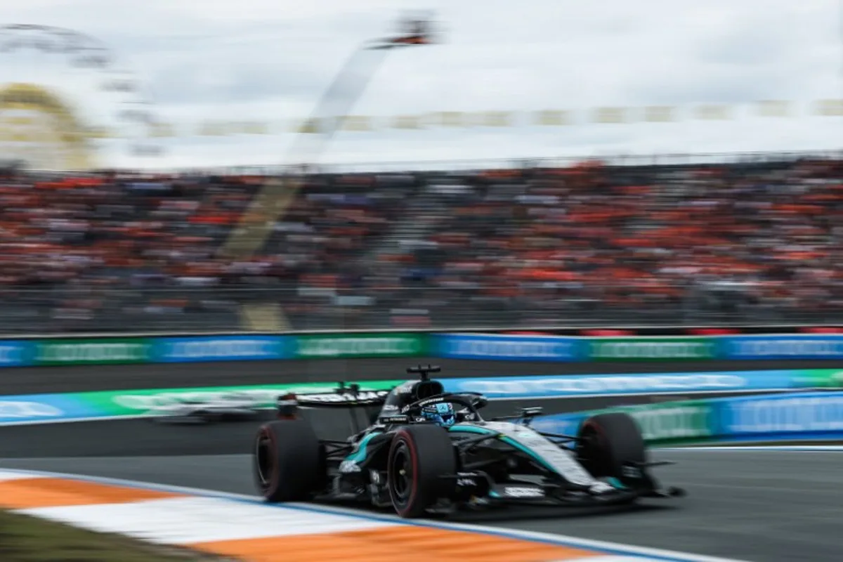 Mercedes' British driver George Russell drives during the first practice session of the Formula One Dutch Grand Prix at The Circuit Zandvoort, western Netherlands, on August 21, 2026. SIMON WOHLFAHRT / AFP