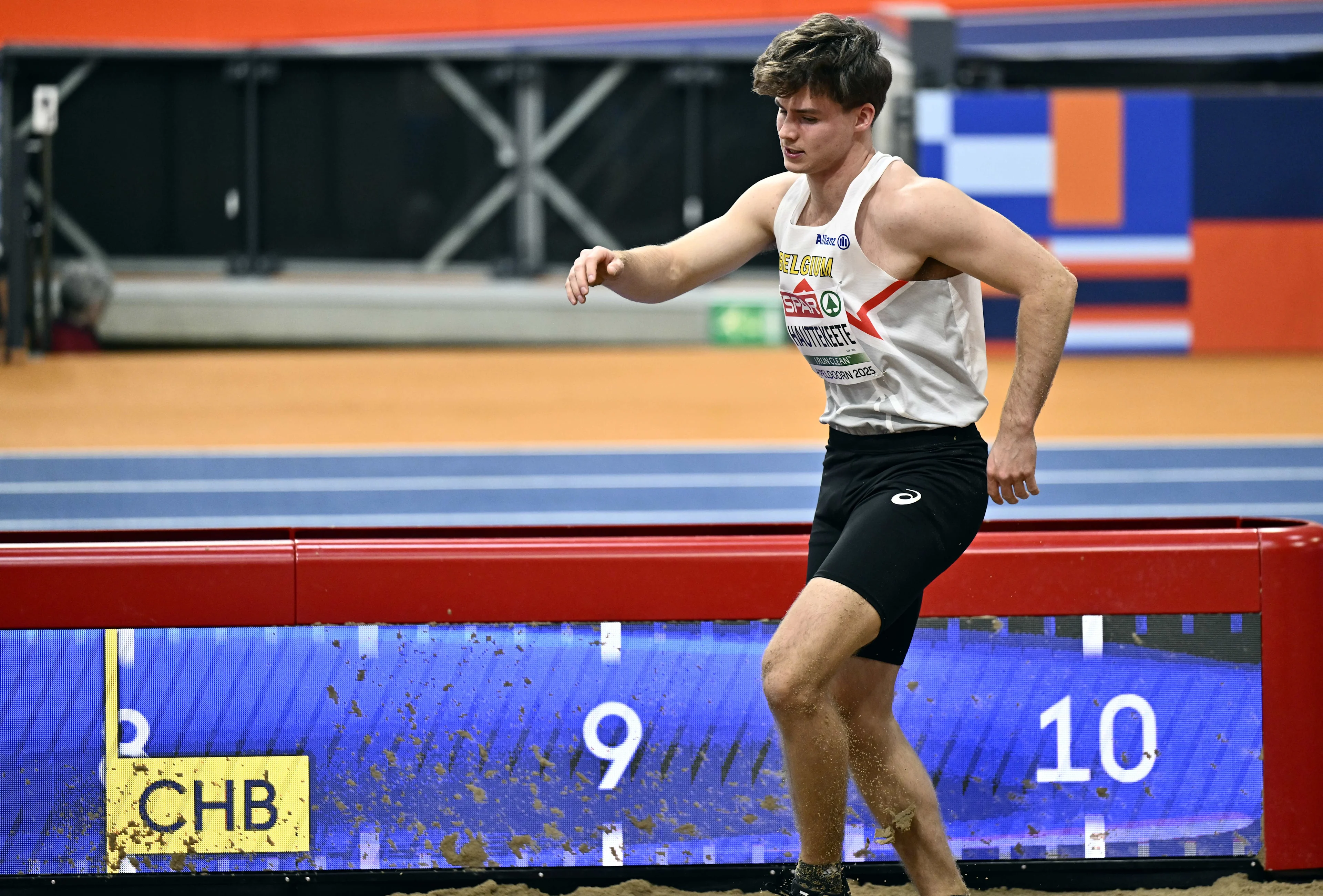 Belgian Jente Hauttekeete pictured in action during the heptathlon Men long jump competition at the European Athletics Indoor Championships, in Apeldoorn, The Netherlands, Friday 07 March 2025. The championships take place from 6 to 9 March. BELGA PHOTO ERIC LALMAND