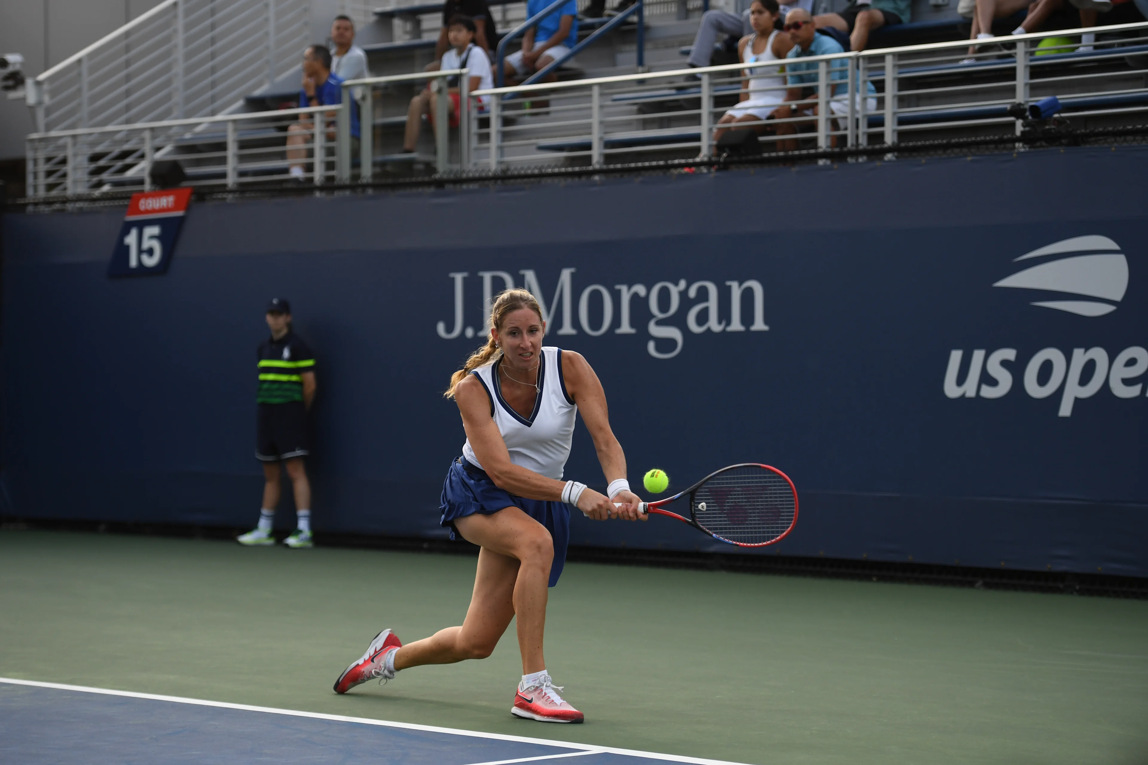 Magali Kempen pictured in action during a tennis match against Spanish Bolsova, in the Women's Qualifying Round at the 2023 US Open Grand Slam tennis tournament, at Flushing Meadow, New York City, USA, Tuesday 22 August 2023. BELGA PHOTO TONY BEHAR