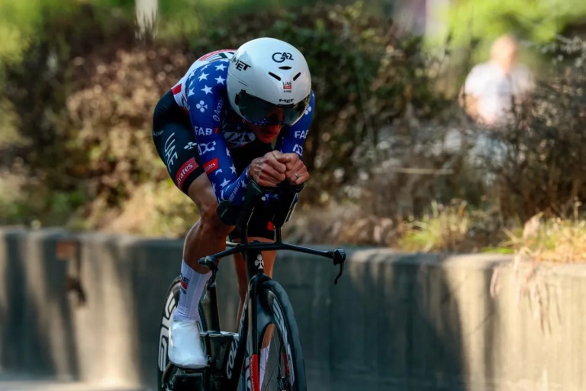 UAE Team Emirates XRG's US rider Brandon McNulty competes during the second stage of the 108th Giro d'Italia cycling race, a 13.7km individual time-trial from Tirana to Tirana in Albania, on May 10, 2025. Luca Bettini / AFP