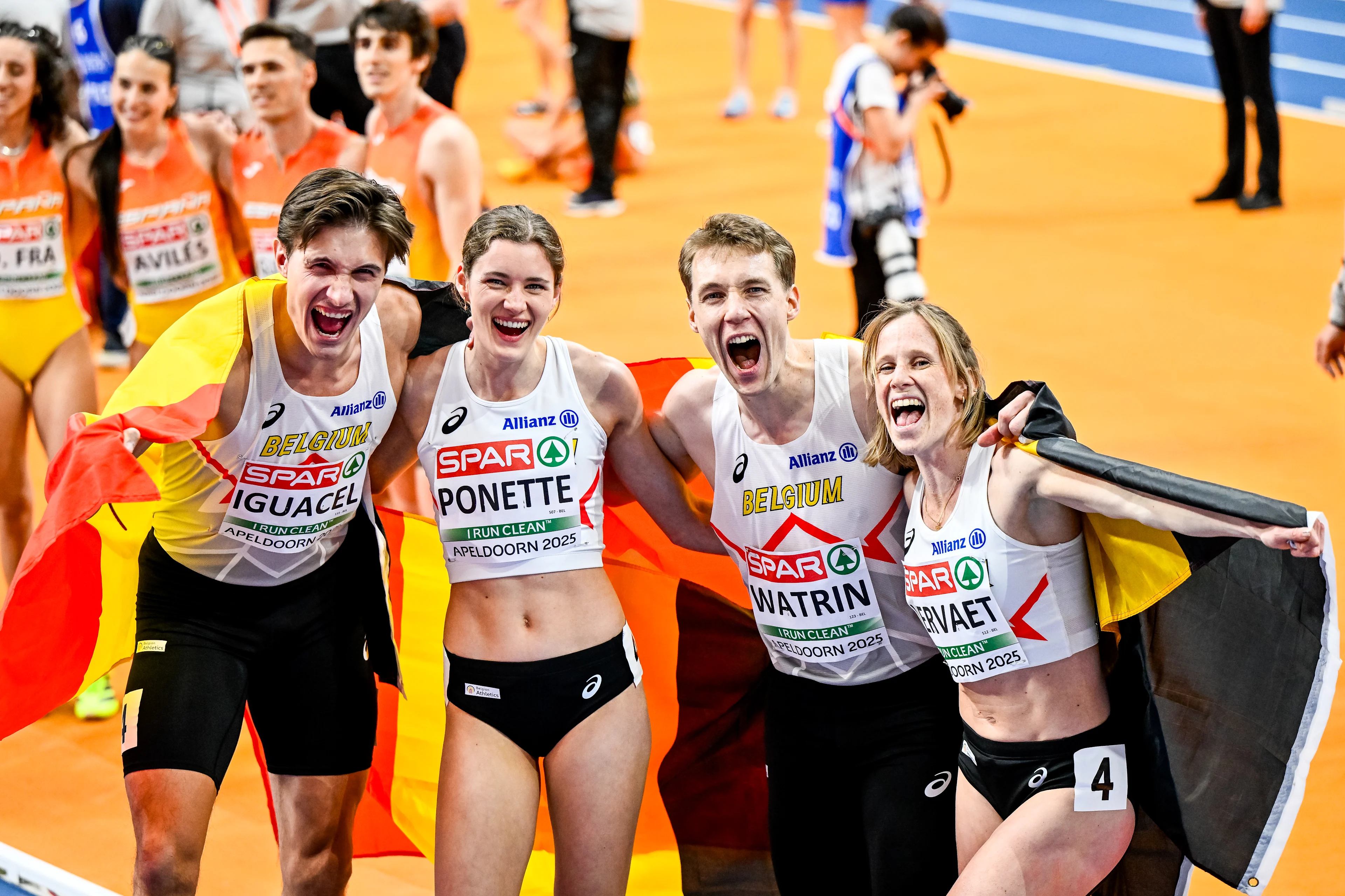 Belgian Christian Iguacel, Belgian Helena Ponette, Belgian Julien Watrin and Belgian athlete Imke Vervaet celebrates after winning a silver medal at the European Athletics Indoor Championships, in Apeldoorn, The Netherlands, Thursday 06 March 2025. The championships take place from 6 to 9 March. BELGA PHOTO ERIC LALMAND