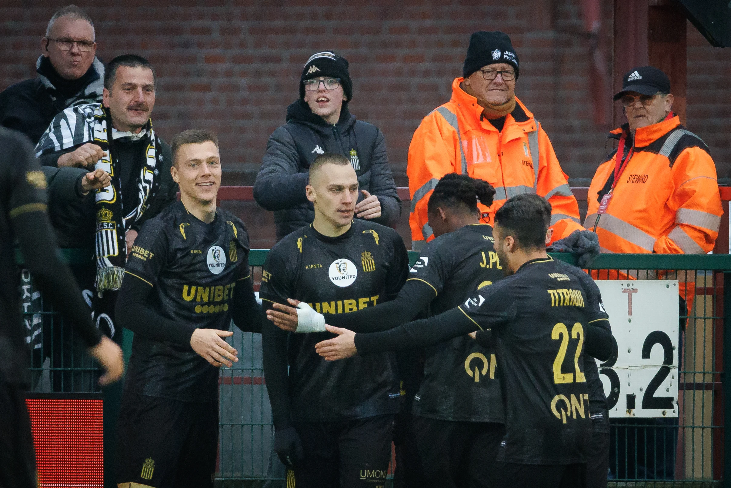 Charleroi's Nikola Stulic celebrates after scoring during a soccer match between KV Kortrijk and Sporting Charleroi, Thursday 26 December 2024 in Kortrijk, on day 20 of the 2024-2025 season of the 'Jupiler Pro League' first division of the Belgian championship. The competition was re-baptised 'Younited Pro League' for the games of matchweek 20, to shine a light on the Younited Belgium charity. BELGA PHOTO KURT DESPLENTER