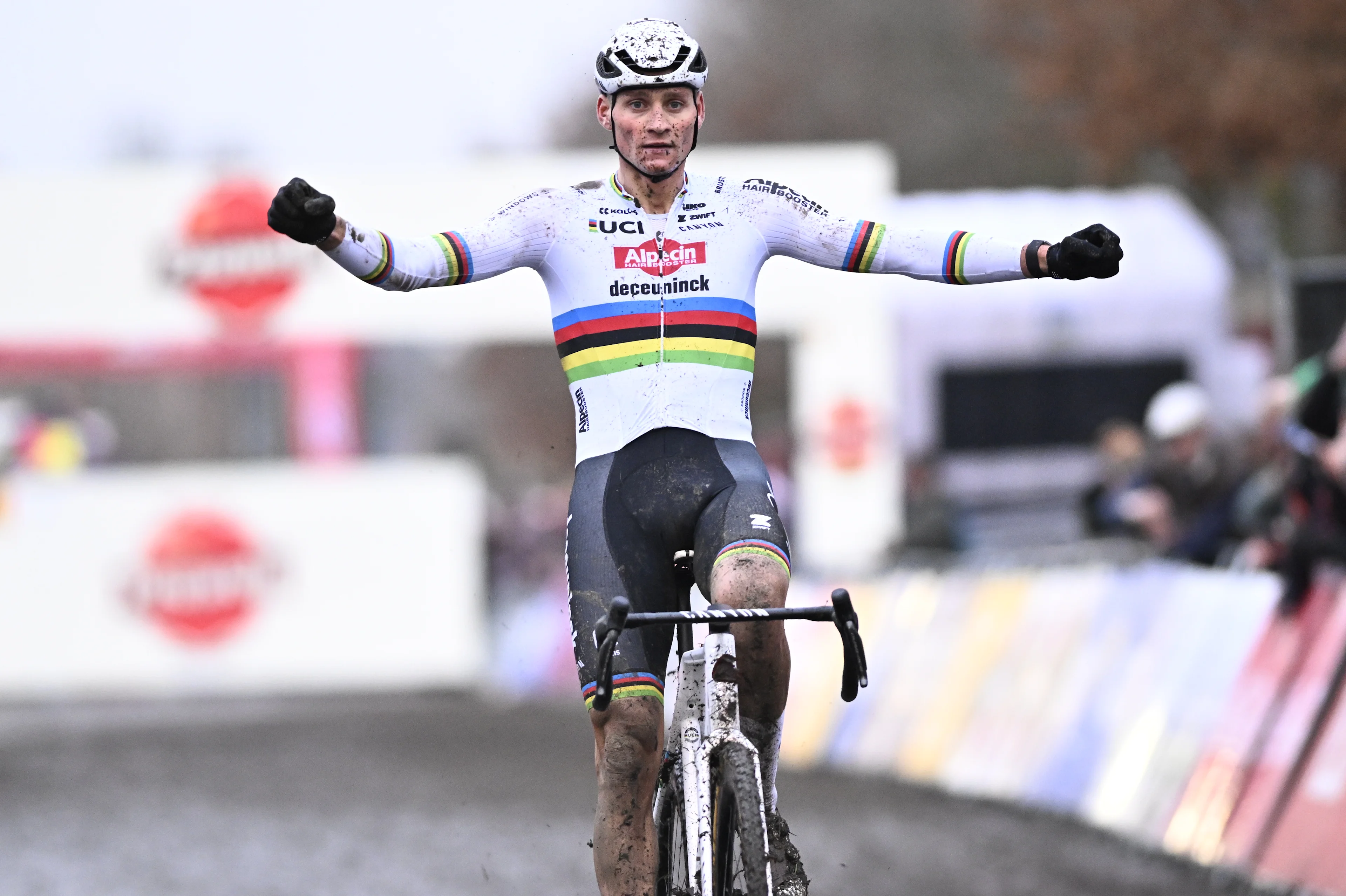 Dutch Mathieu Van Der Poel celebrates as he crosses the finish line to win the men's elite race of the World Cup cyclocross cycling event in Gavere on Thursday 26 December 2024, stage 7 (out of 12) of the UCI World Cup competition. BELGA PHOTO JASPER JACOBS