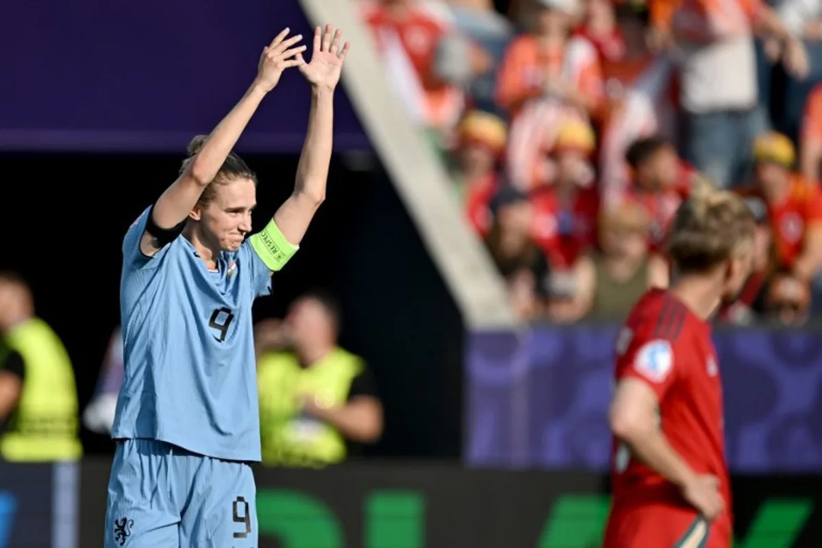 Netherlands' forward #09 Vivianne Miedema celebrates after scoring the team's first goal during the UEFA Women's Euro 2025 Group D football match between Wales and The Netherlands at the Allmend Stadion Luzern in Lucerne on July 5, 2025. Fabrice COFFRINI / AFP