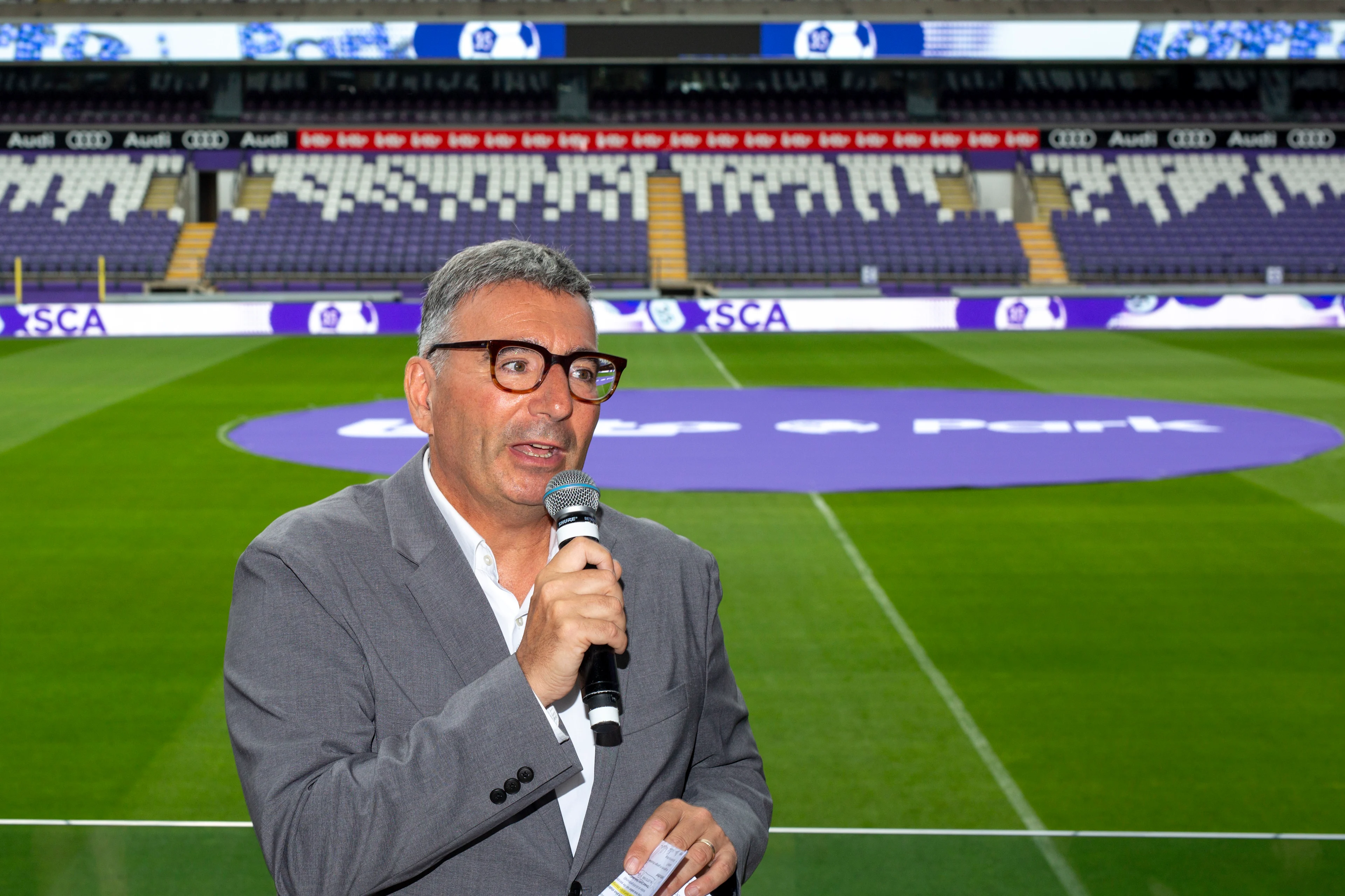 Anderlecht's public relations director David Steegen delivers a speech at a press conference of Jupiler Pro League team RSC Anderlecht, Friday 12 July 2019 in Brussels. Today the club announced 'Lotto Park' as new name of the stadium. BELGA PHOTO HATIM KAGHAT