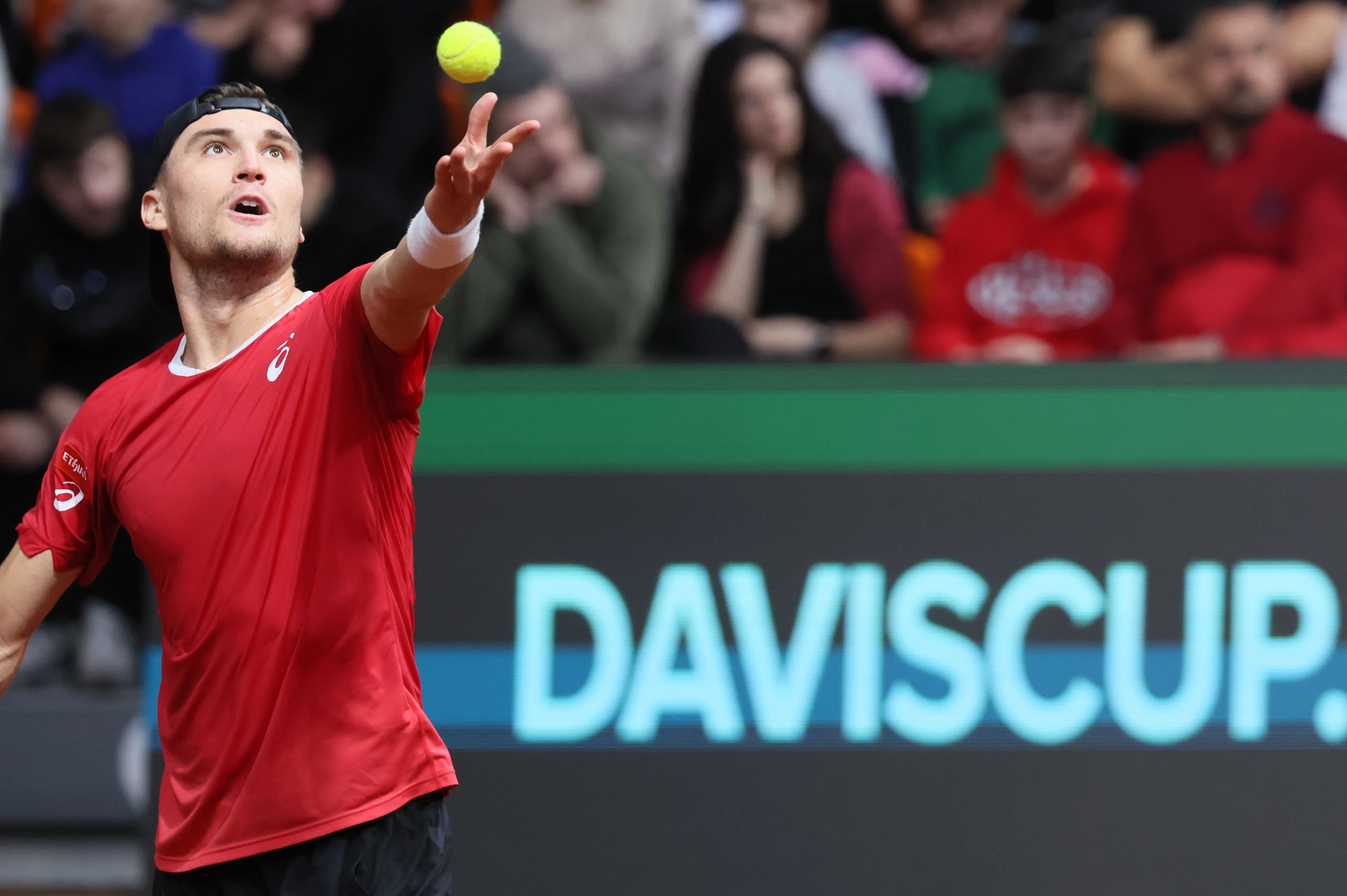 Belgian Raphael Collignon pictured in action during a tennis match against Bulgarian Vasilev, during the qualifier of the Davis Cup on Saturday 07 February 2026, in Plovdiv, Bulgaria. Belgium will compete this weekend in the Davis Cup qualifiers against Bulgaria. BELGA PHOTO BENOIT DOPPAGNE