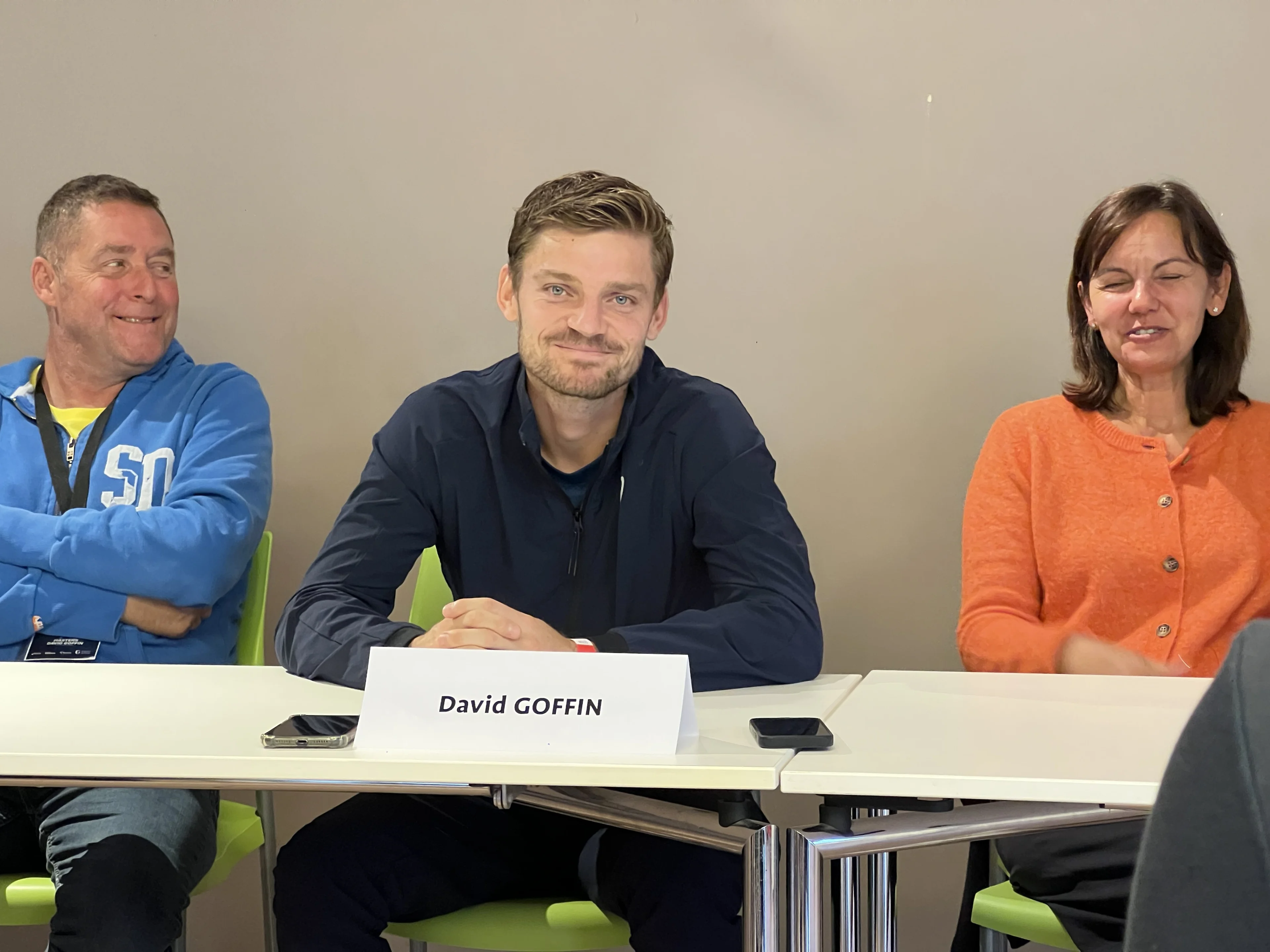 Fabien Doyen, Belgian David Goffin and Dominique Monami pictured during a press conference organized to present the 1st edition of the Masters David Goffin tennis tournament, Saturday 28 September 2024 in Huy.  BELGA PHOTO THOMAS MICHIELS