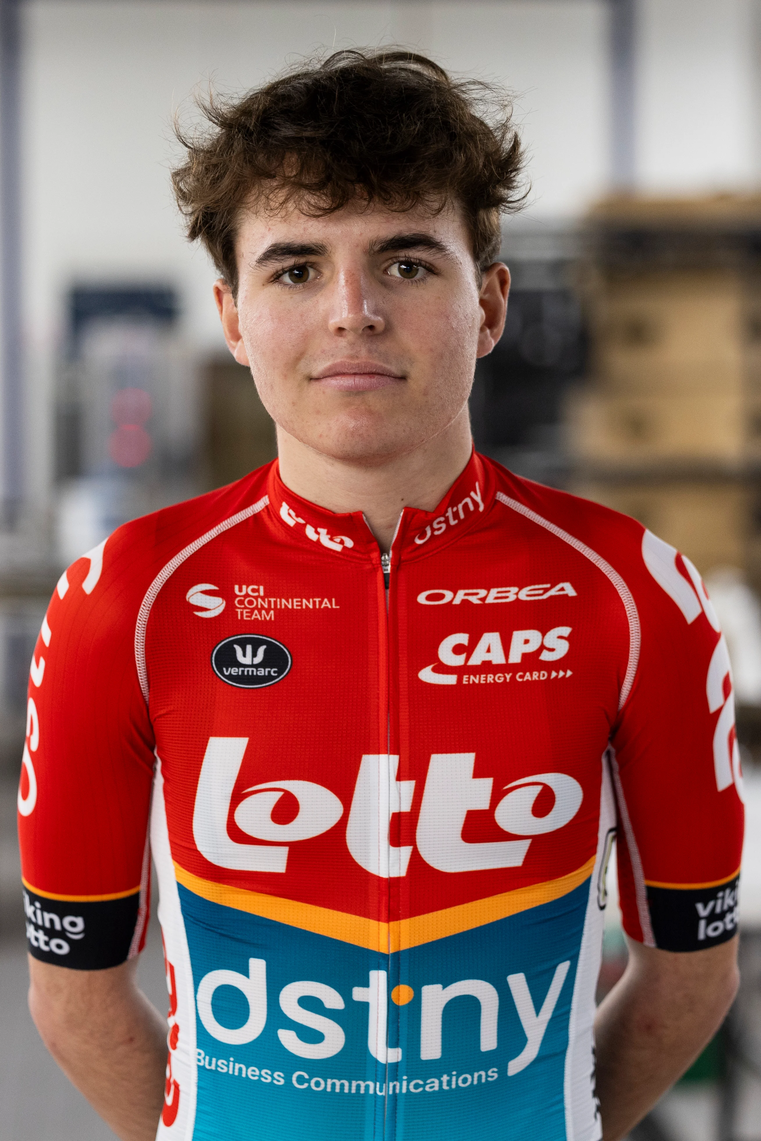 Belgian Jarno Widar pictured during the team presentation of Lotto Dstny cycling team in Mechelen, Friday 05 January 2024, ahead of the upcoming season. BELGA PHOTO DAVID PINTENS