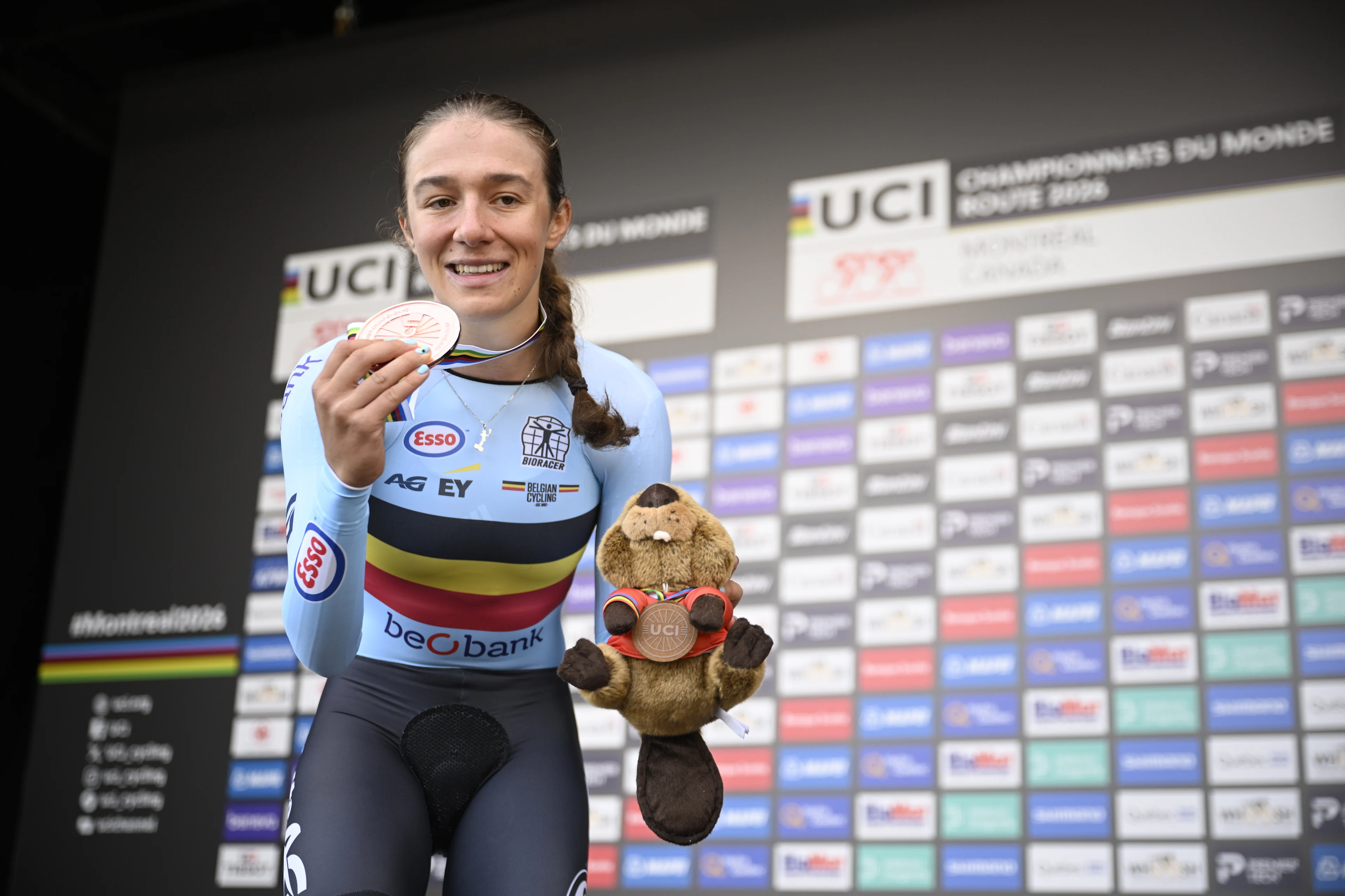 Belgian Luca Vierstraete celebrates on the podium with the bronze medal at the women's U23 individual time trial race (20,3km) at the cycling UCI Road World Championship, in Montreal, Canada, Monday 21 September 2026. BELGA PHOTO JASPER JACOBS