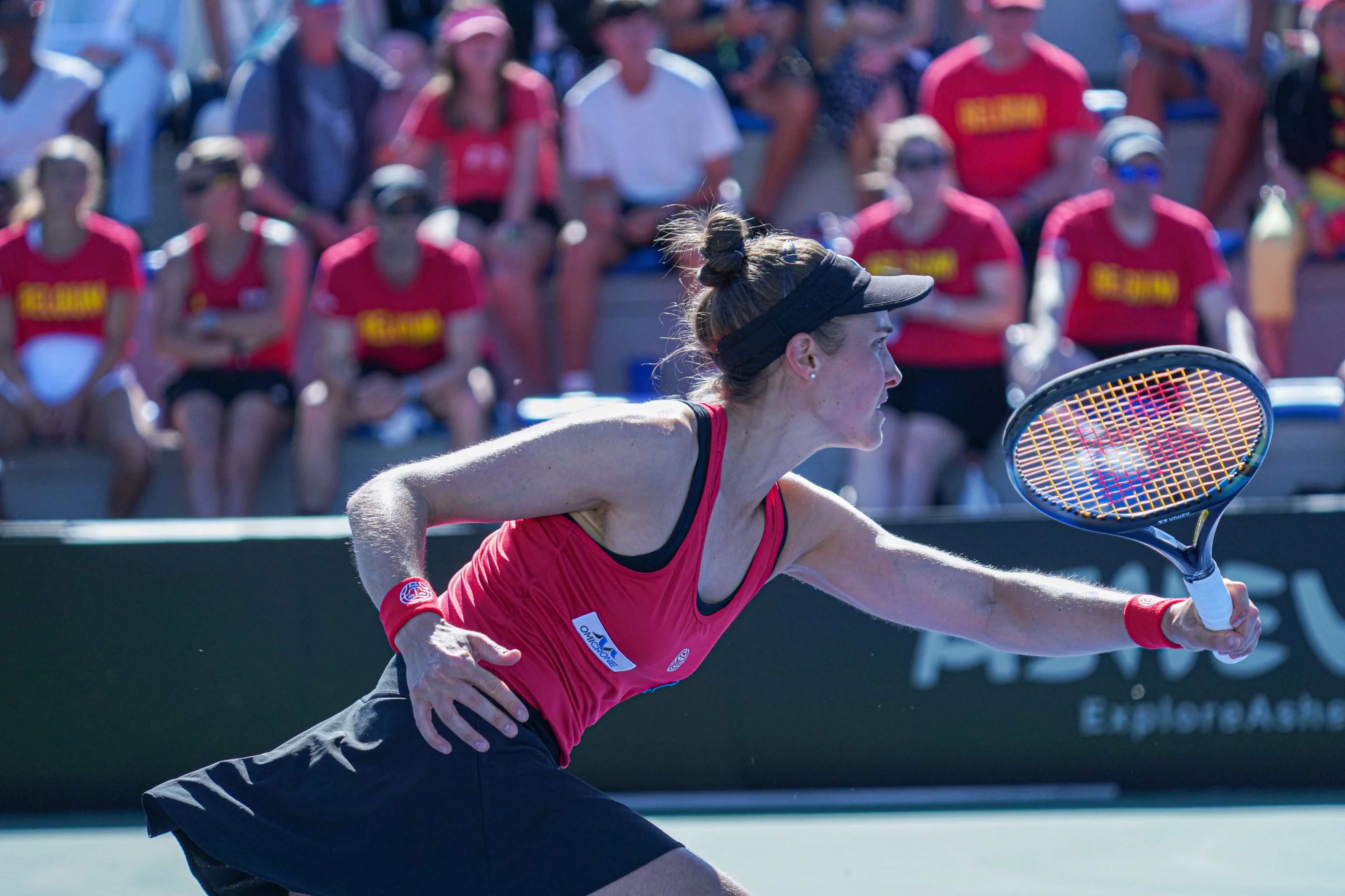 Belgian Marie Benoit pictured in action during the fourth match between, a doubles match between American pair Dolehide and Townsend and Belgian pair Benoit and Zimmermann, on the second day of the meeting between USA and Belgium, in the qualification round in the world group for the final of the Billie Jean King Cup tennis, in Orlando, Florida, USA, on Saturday 13 April 2024. BELGA PHOTO MARTY JEAN LOUIS