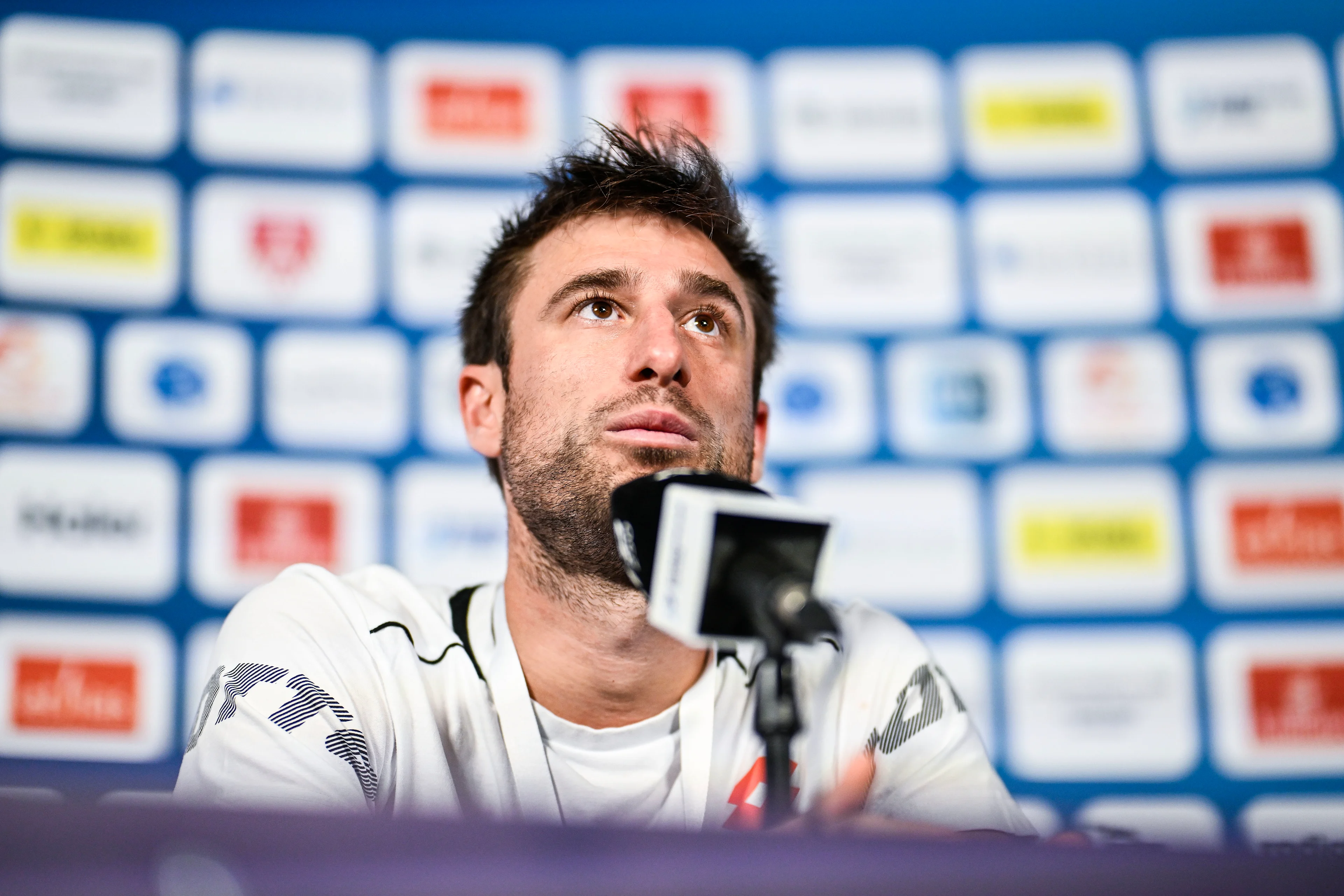 Belgian Sander Gille pictured at a press conference after a tennis match in the quarter final of the doubles competition at the ATP European Open Tennis tournament in Antwerp, Thursday 17 October 2024. BELGA PHOTO TOM GOYVAERTS