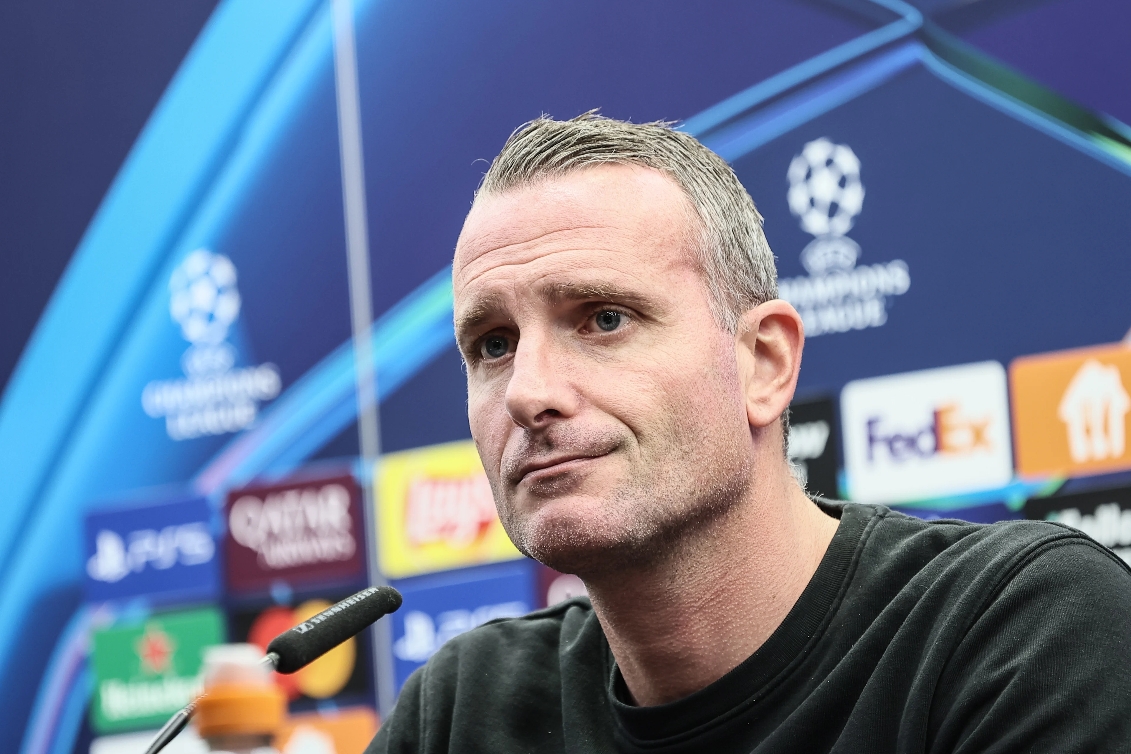 Club's head coach Nicky Hayen pictured during a press conference of Belgian soccer team Club Brugge KV, Tuesday 05 November 2024 in Brugge. The team is preparing for tomorrow's game against English Aston Villa F.C., on day 4 of the UEFA Champions League league phase. BELGA PHOTO BRUNO FAHY