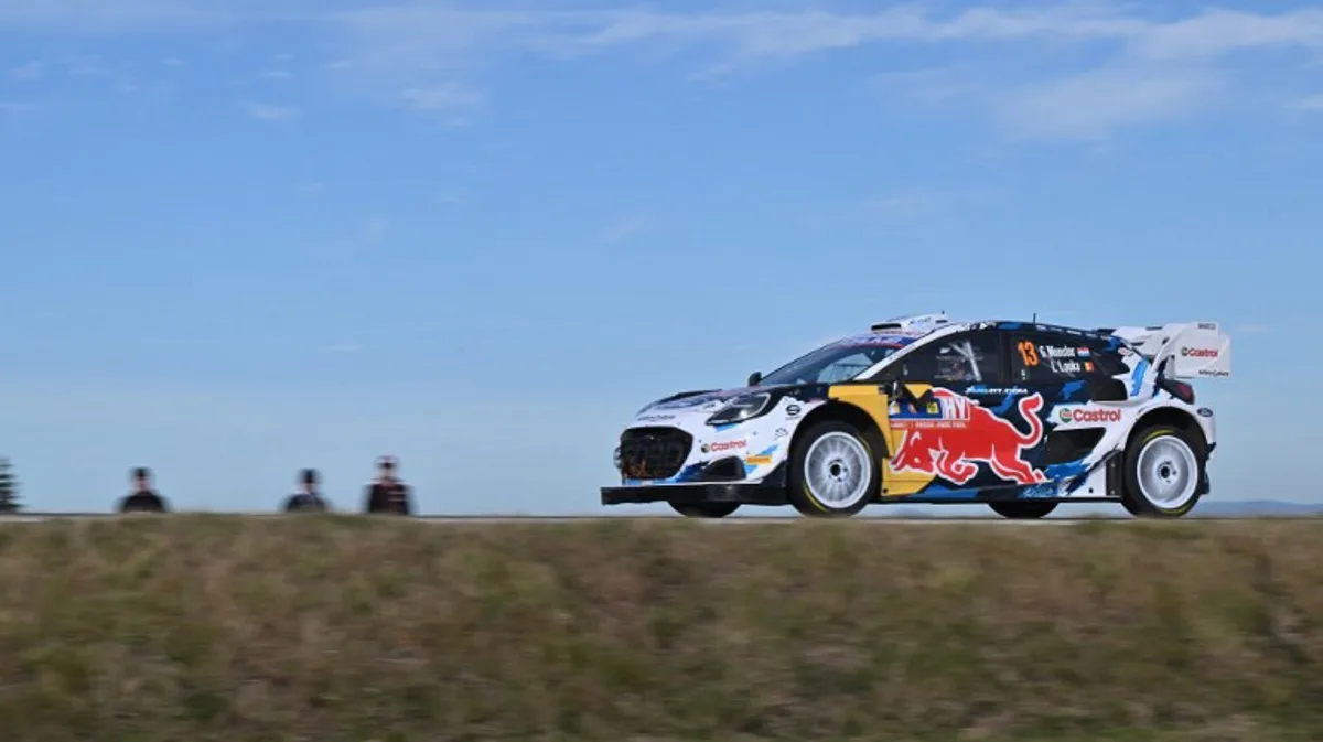 Luxemburg driver Gregoire Munster and co-driver Belgian Louis Louka compete in their Ford Puma during the WRC Central European Rally 2024 in Breitenberg near Passau, southern Germany on October 20, 2024.    KERSTIN JOENSSON / AFP