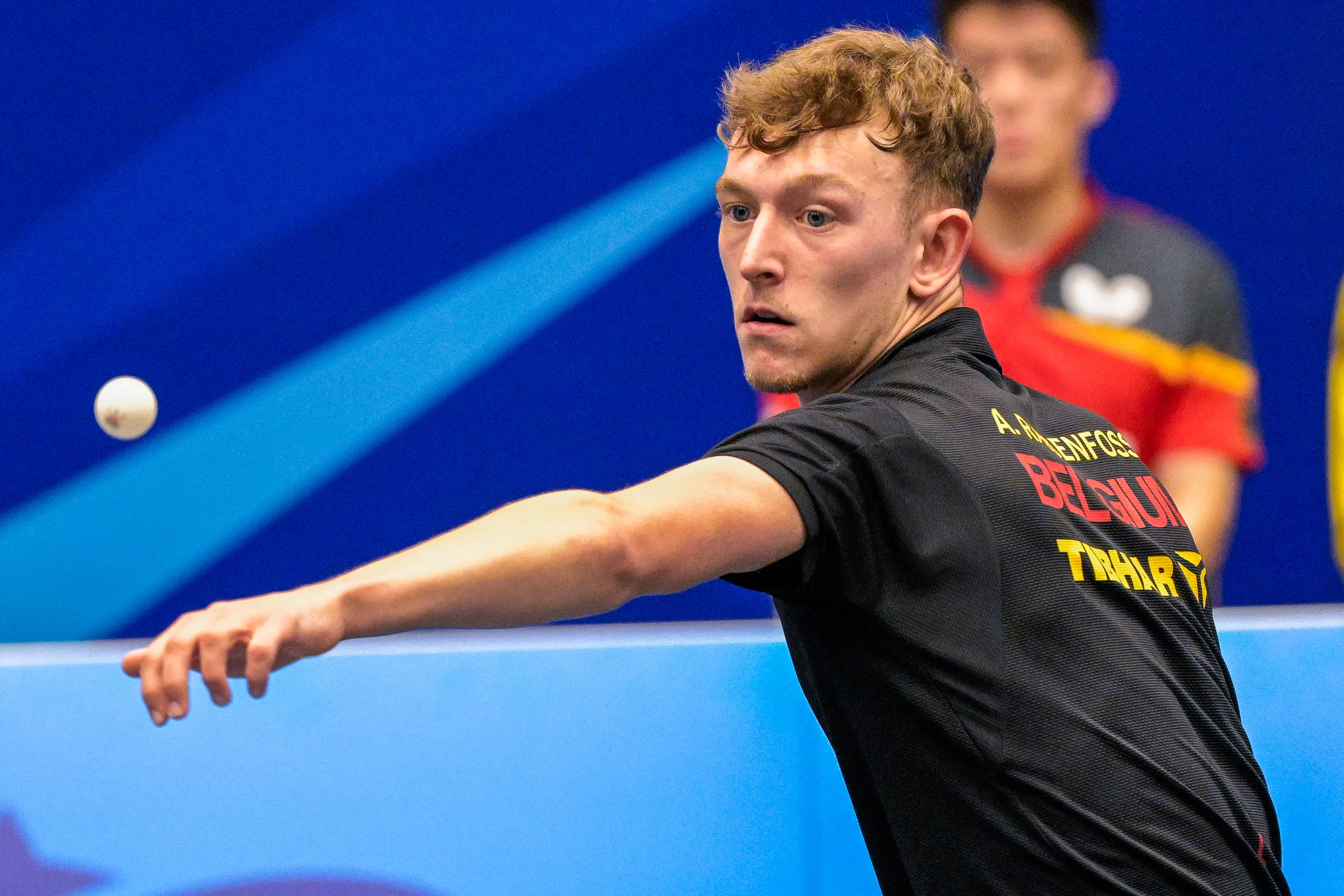 Table Tennis player Adrien Rassenfosse pictured in action during a match in the Men's Team Quarterfinal between Belgium and Germany, in the Table Tennis competition at the European Games in Krakow, Poland on Thursday 29 June 2023. The 3rd European Games, informally known as Krakow-Malopolska 2023, is a scheduled international sporting event that will be held from 21 June to 02 July 2023 in Krakow and Malopolska, Poland. BELGA PHOTO LAURIE DIEFFEMBACQ