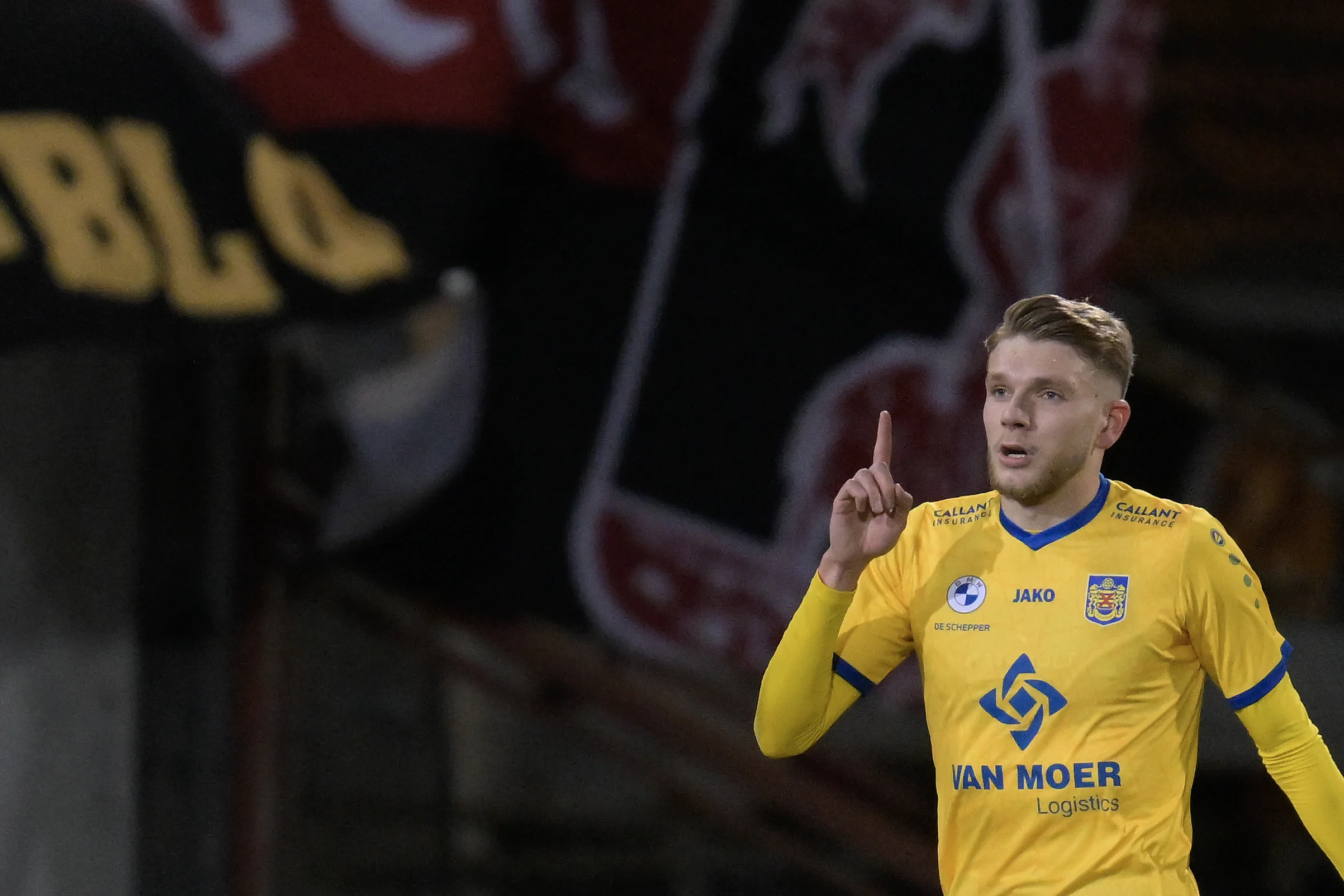 Beveren's Mathis Servais celebrates after scoring during a soccer match between RWD Molenbeek and SK Beveren, Saturday 23 November 2024 in Brussels, on day 12 of the 2024-2025 'Challenger Pro League' 1B second division of the Belgian championship. BELGA PHOTO JOHN THYS