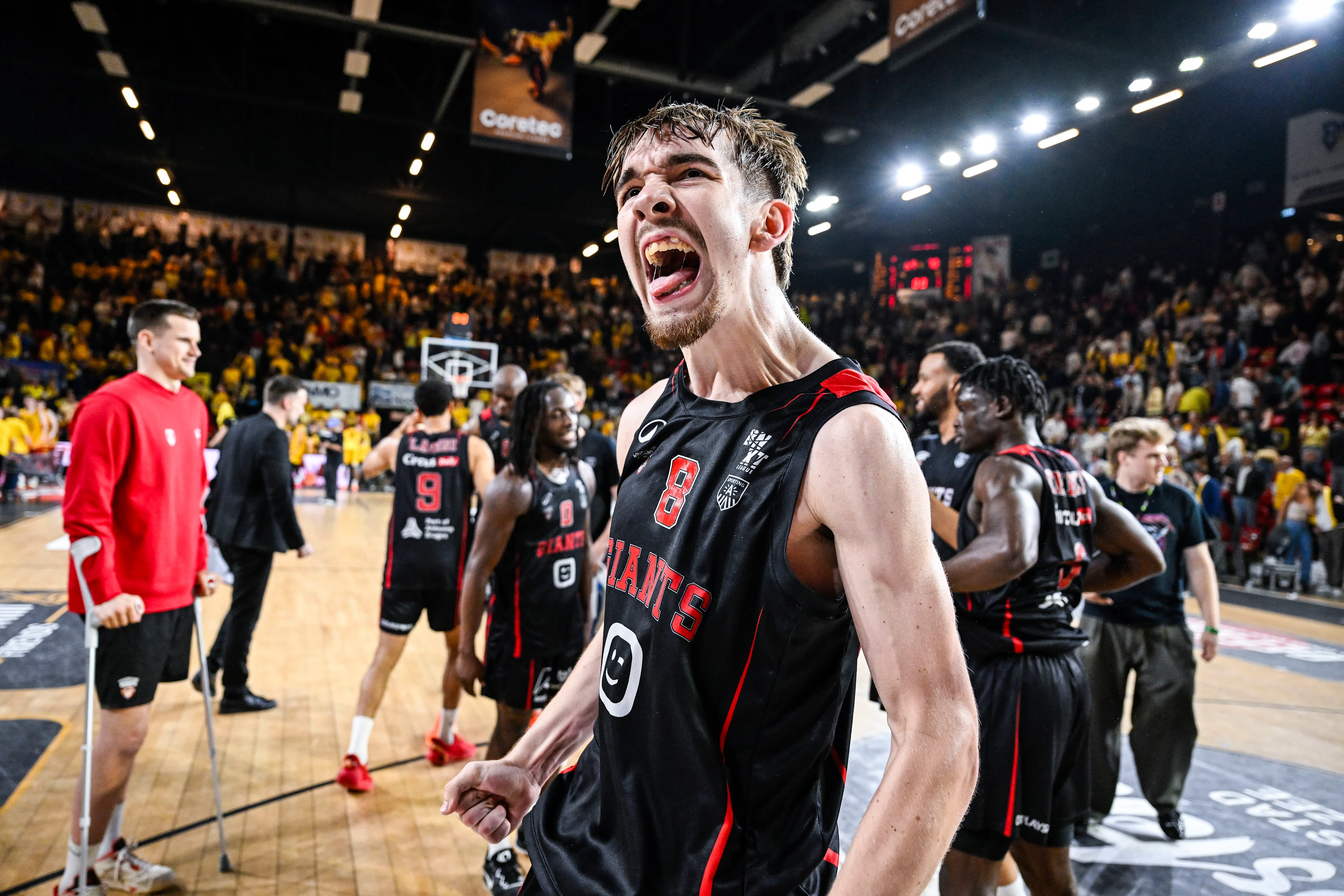 Antwerp's Letto Van Drom celebrates after winning a basketball match between BC Oostende and Antwerp Giants, Thursday 11 June 2026, in Oostende, game 4 (out of 5) in the Playoffs final of the 'BNXT League' Belgian/ Dutch first division basket championship. BELGA PHOTO TOM GOYVAERTS
