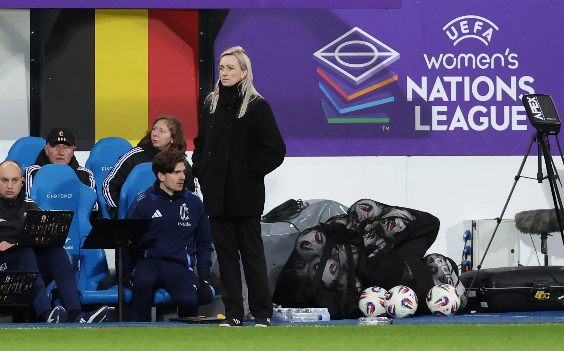 Belgium's head coach Elisabet Gunnarsdottir pictured during a soccer game between the national teams of Belgium (Red Flames) and Portugal, on the second matchday in group A3 of the 2024-25 Women's Nations League competition, on Wednesday 26 February 2025 in Heverlee, Leuven. BELGA PHOTO VIRGINIE LEFOUR