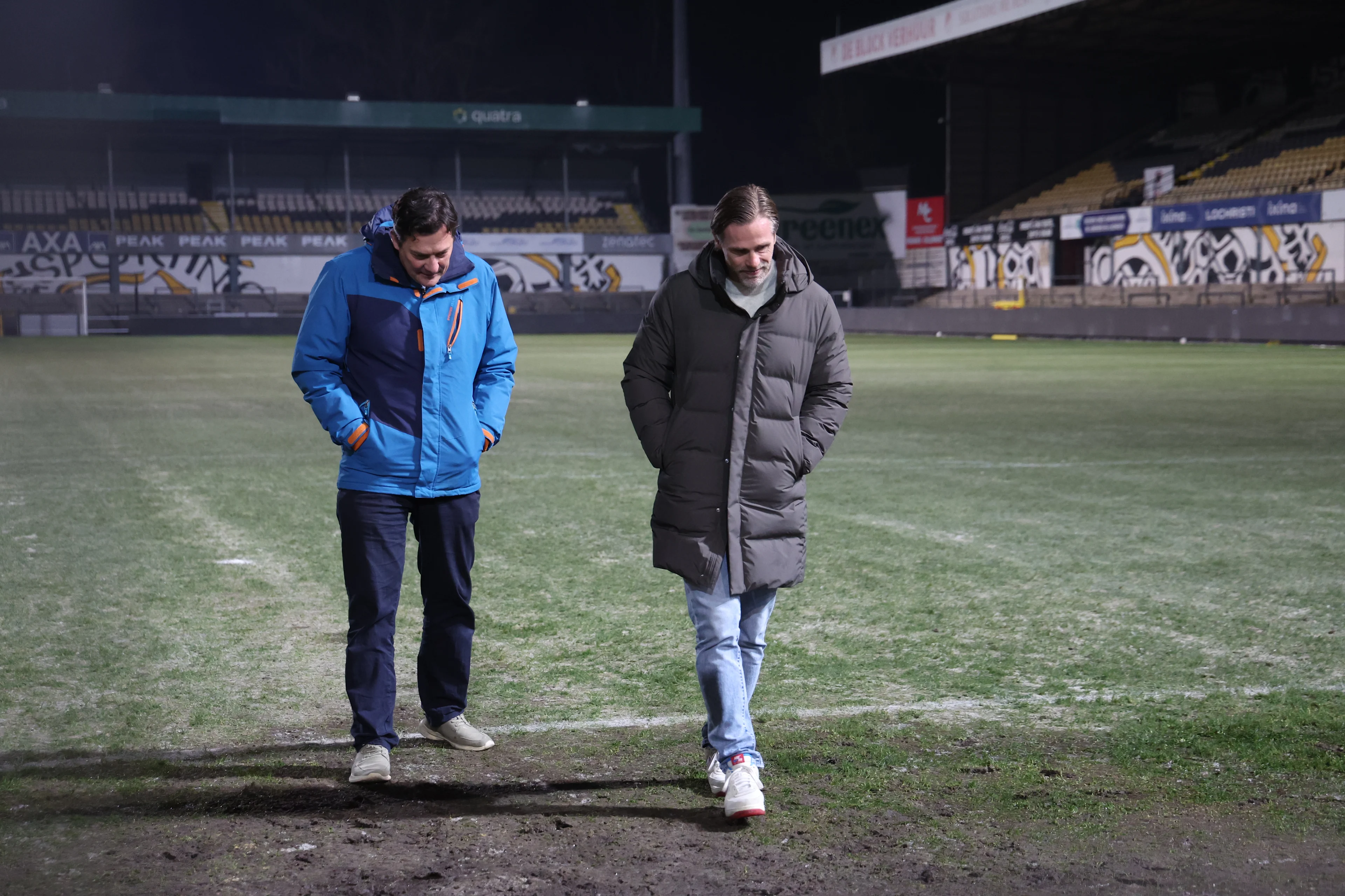 Lokeren's head coach Hans Cornelis (R) pictured at the field as a soccer match between KSC Lokeren-Temse and KAS Eupen is postponed due to the bad weather conditions, Friday 10 January 2025 in Lokeren, on day 17 of the 2024-2025 'Challenger Pro League' 1B second division of the Belgian championship. BELGA PHOTO VIRGINIE LEFOUR