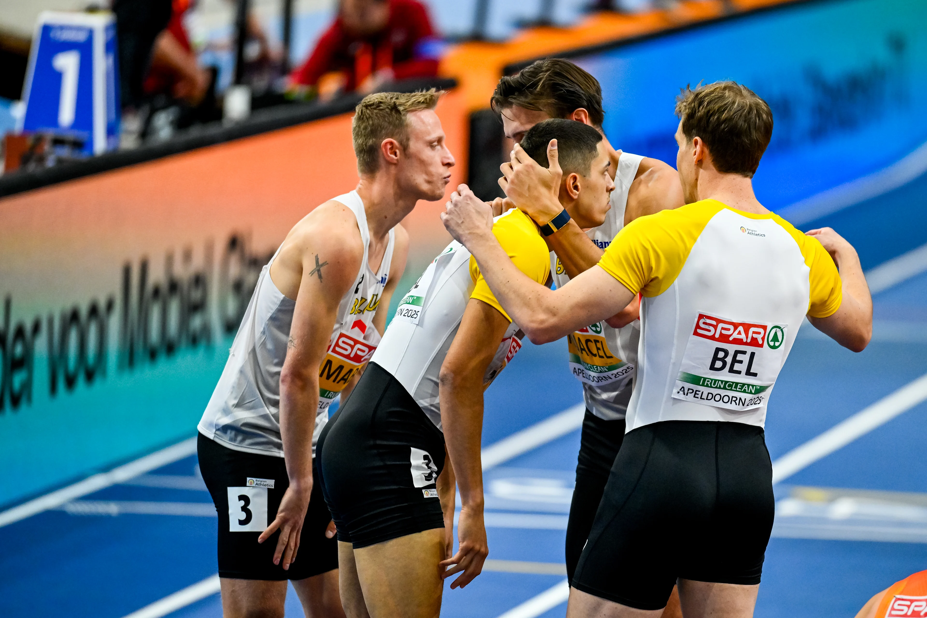 Belgian Florent Mabille, Belgian Jonathan Sacoor, Belgian Christian Iguacel and Belgian Julien Watrin pictured after the European Athletics Indoor Championships, in Apeldoorn, The Netherlands, Sunday 09 March 2025. The championships take place from 6 to 9 March. BELGA PHOTO ERIC LALMAND