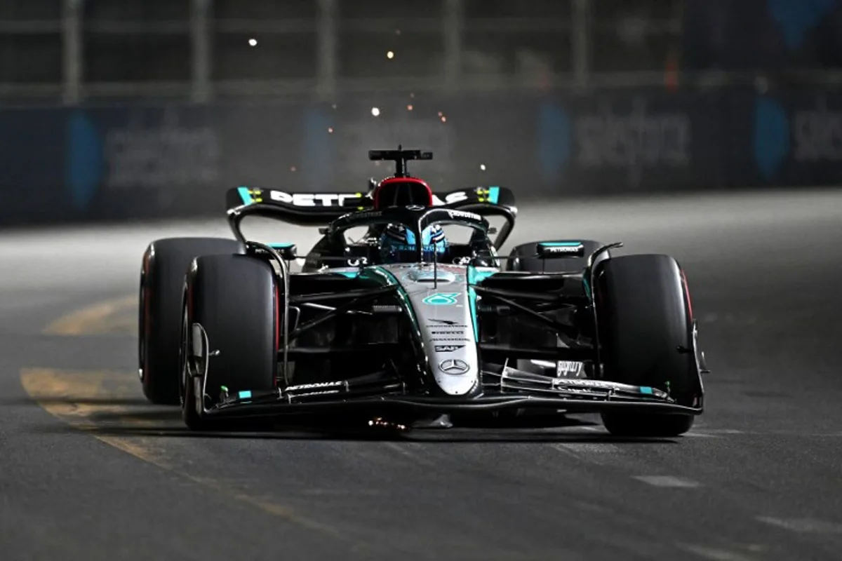 Mercedes' British driver George Russell races during the qualifying session for the Las Vegas Formula One Grand Prix in Las Vegas, Nevada on November 22, 2024.   Patrick T. Fallon / AFP