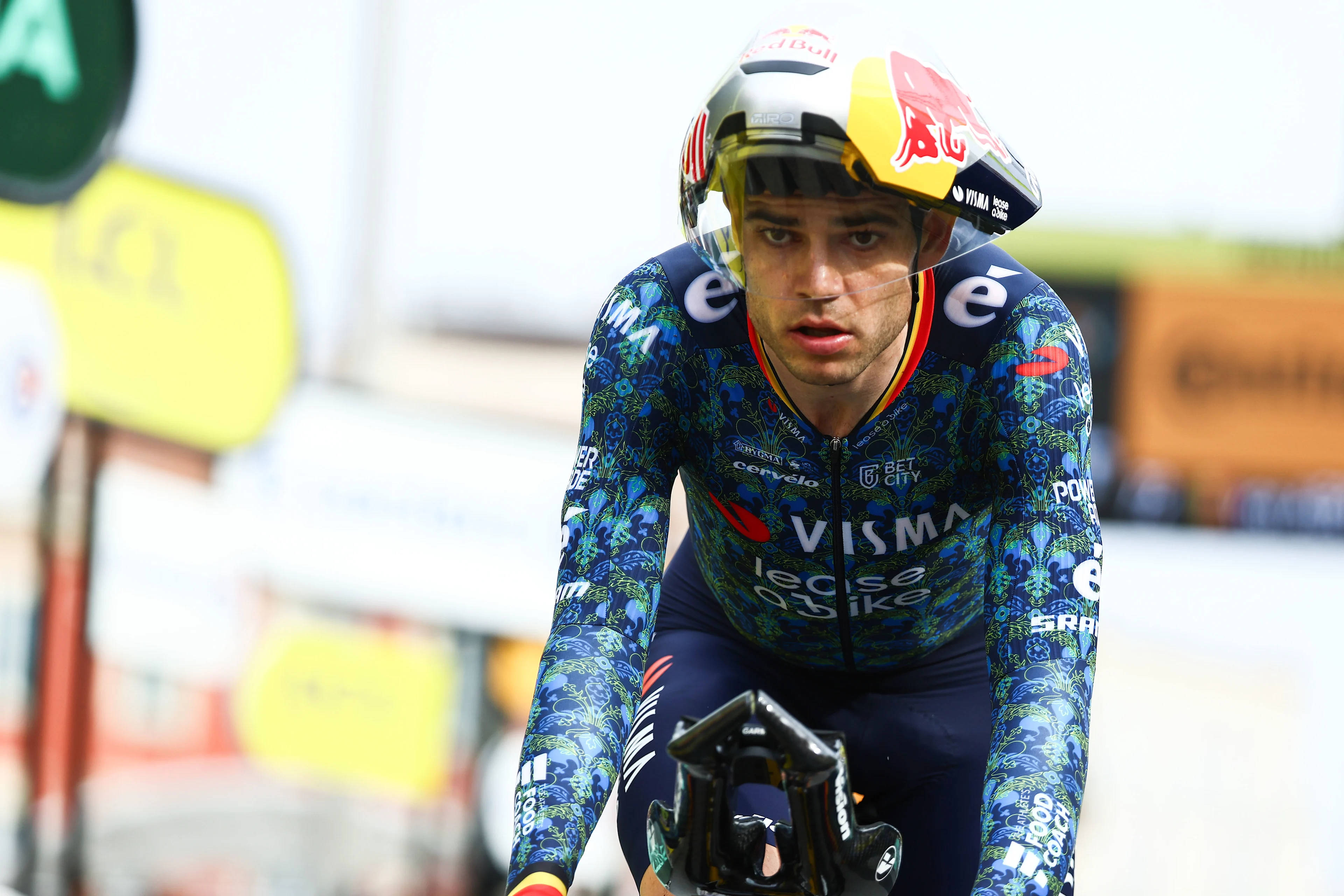 Belgian Wout van Aert of Team Visma-Lease a Bike crosses the finish line of stage 21, the final stage of the 2024 Tour de France cycling race, an individual time trial from Monaco to Nice, France (33,7 km) on Sunday 21 July 2024. The 111th edition of the Tour de France starts on Saturday 29 June and will finish in Nice, France on 21 July. BELGA PHOTO DAVID PINTENS