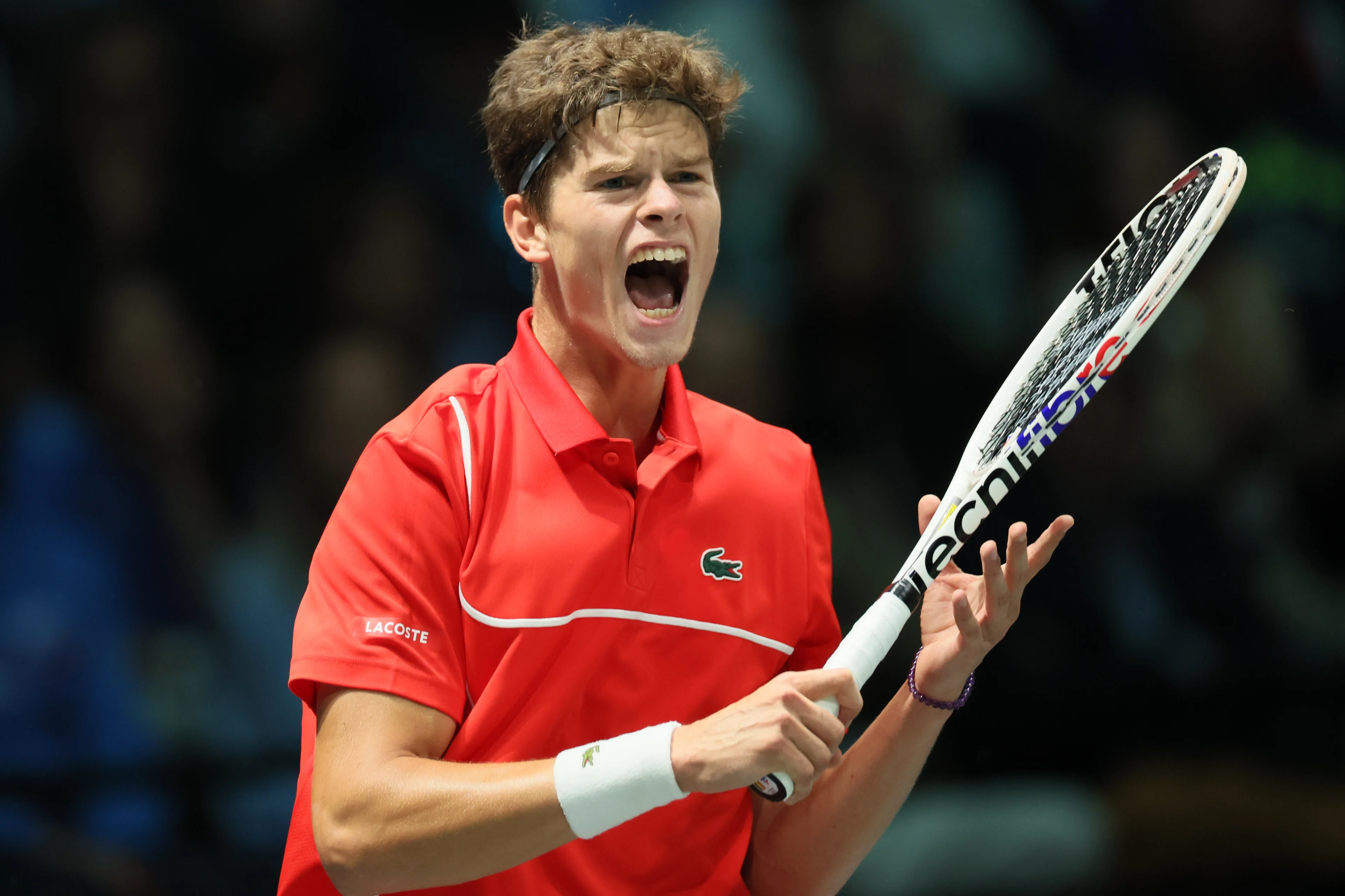 Belgian Alexander Blockx reacts during a game between Italian Berrettini and Belgian Blockx, the first match in the group A Davis Cup Finals group stage between Italy and Belgium, Friday 13 September 2024, at the Unipol Arena, in Bologna, Italy. BELGA PHOTO BENOIT DOPPAGNE