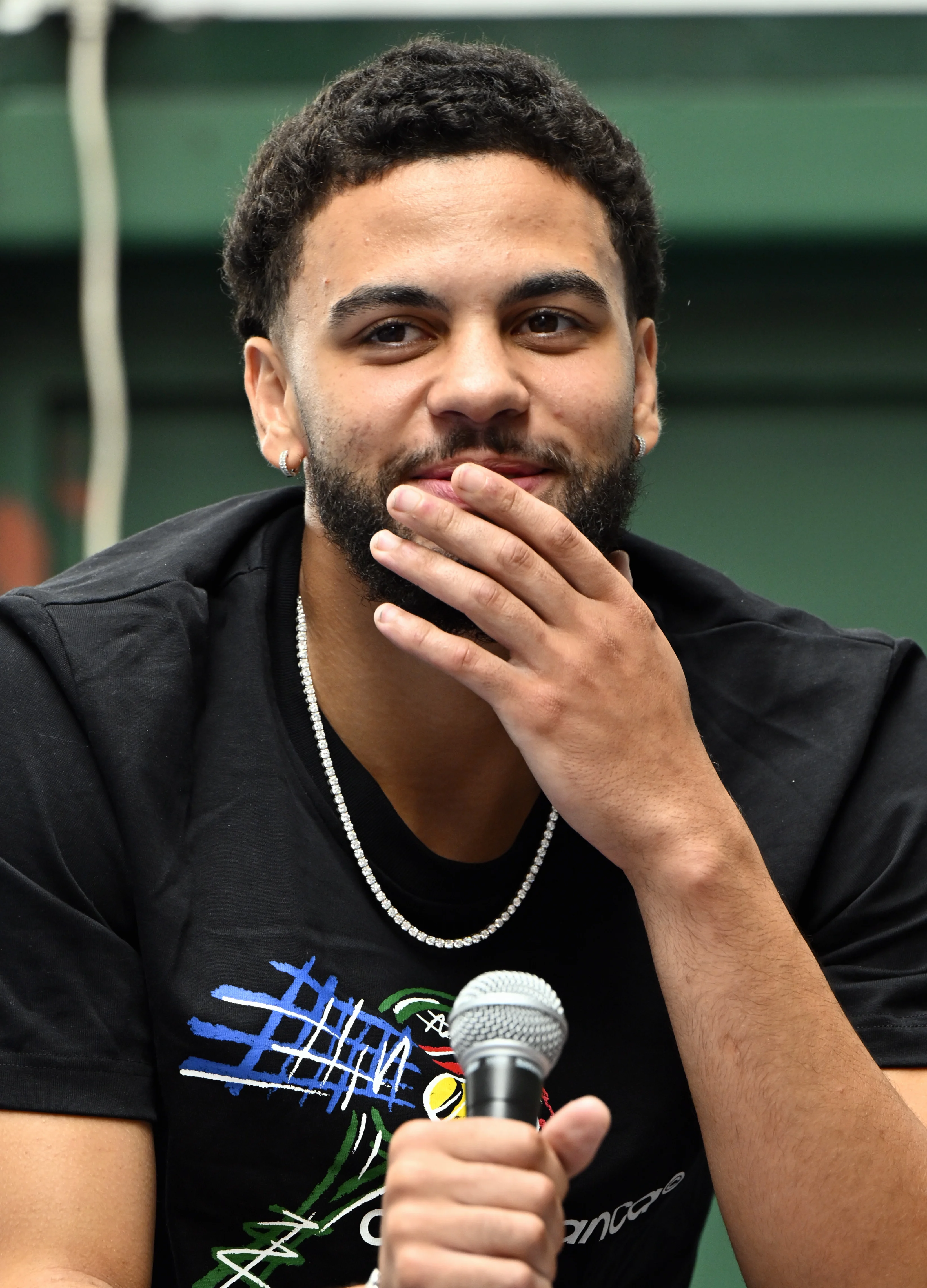 Ajay Mitchell pictured during a press conference regarding the NBA US basketball competition on Wednesday 30 July 2025 in Ans. Oklahoma City Thunder, featuring Belgian point guard Mitchell, won the league. BELGA PHOTO ERIC LALMAND