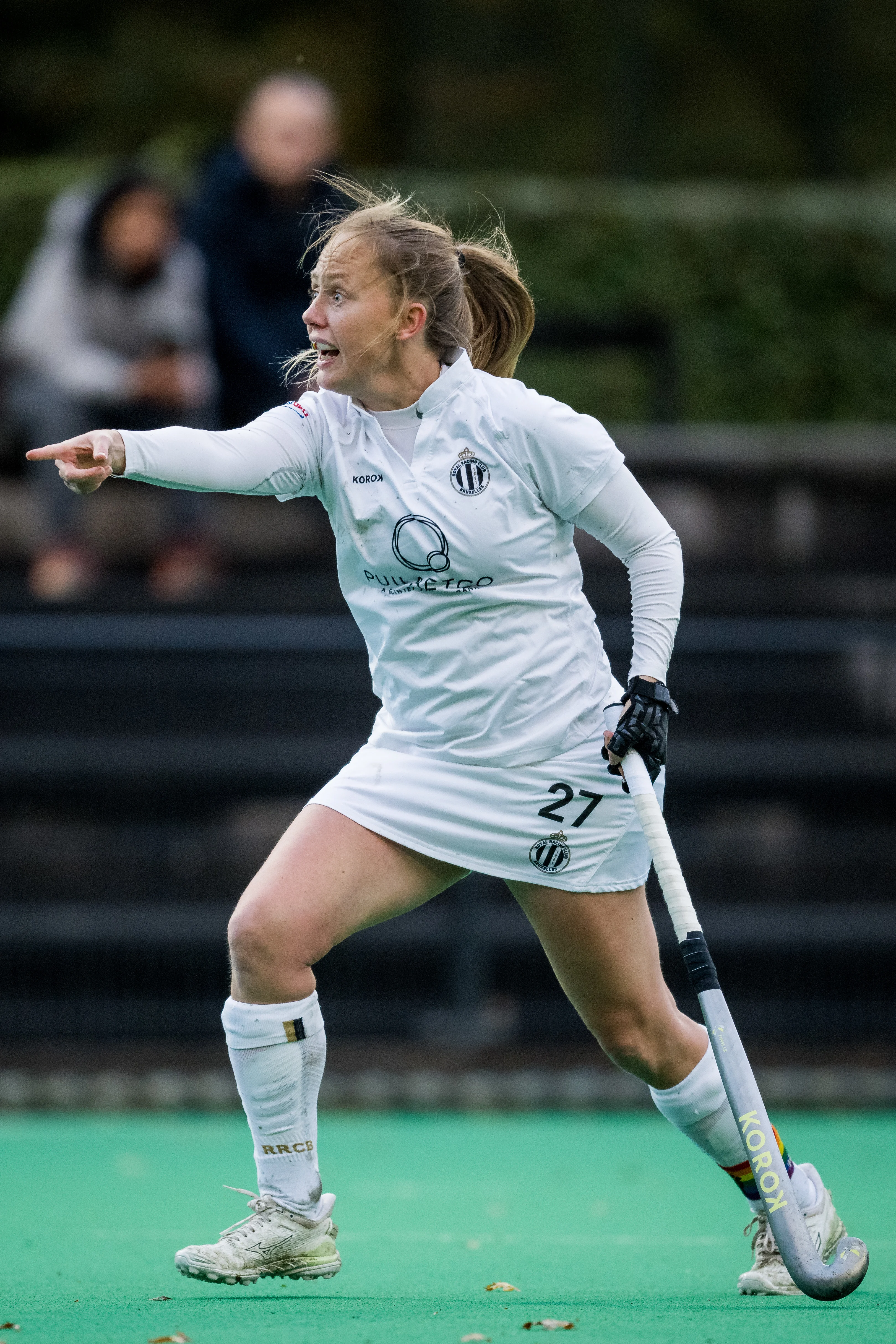 Racing's Jill Boon reacts during a hockey game between KHC Dragons and Royal Racing club de Bruxelles, on day 11 for the Belgian Women Hockey League season 2023-2024, in Brasschaat, Brussels, Sunday 05 November 2023. BELGA PHOTO JASPER JACOBS