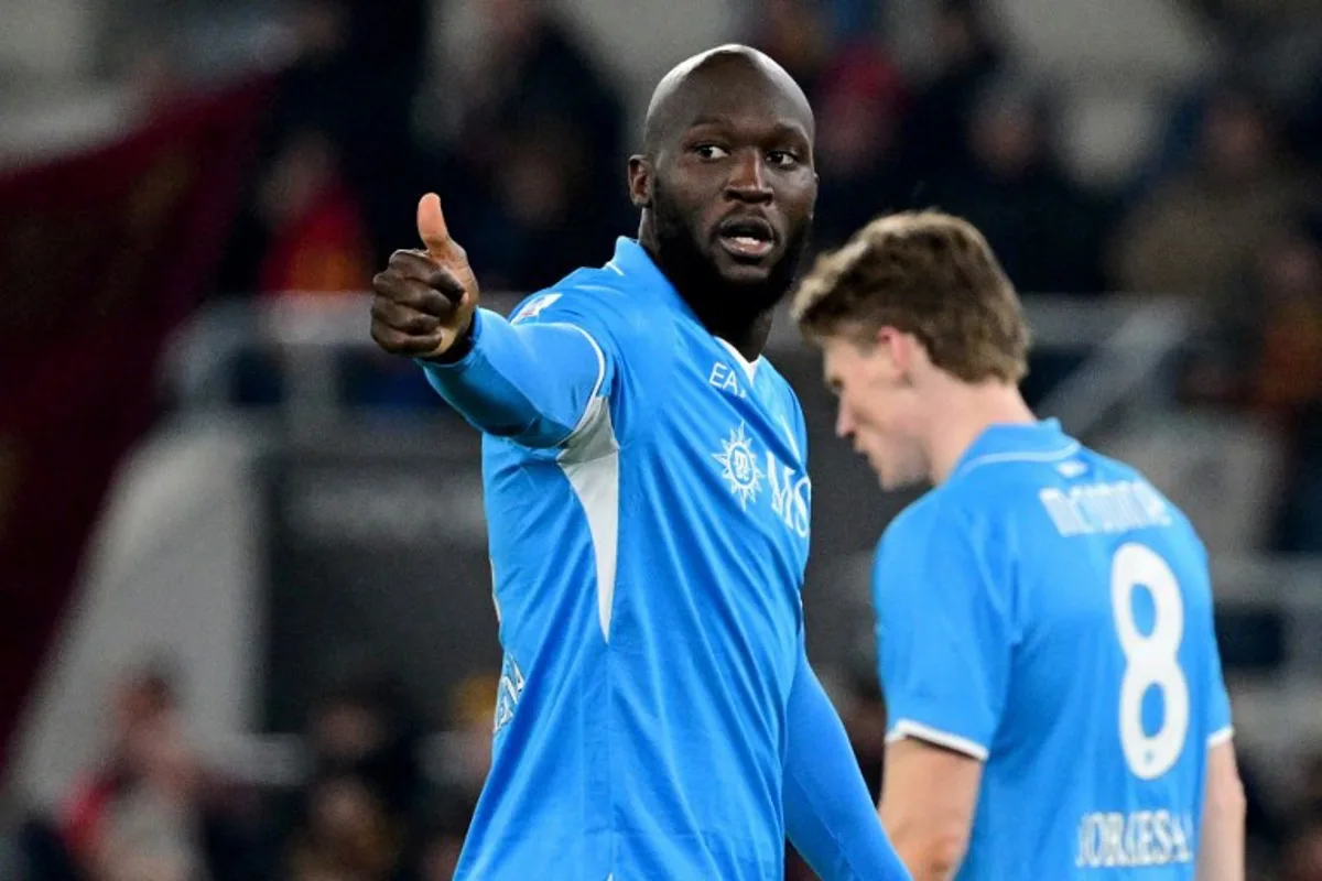 Napoli's Belgian forward #11 Romelu Lukaku reacts during the Italian Serie A football match between AS Roma and Napoli at the Olympic Stadium in Rome on February 2, 2025.  Tiziana FABI / AFP