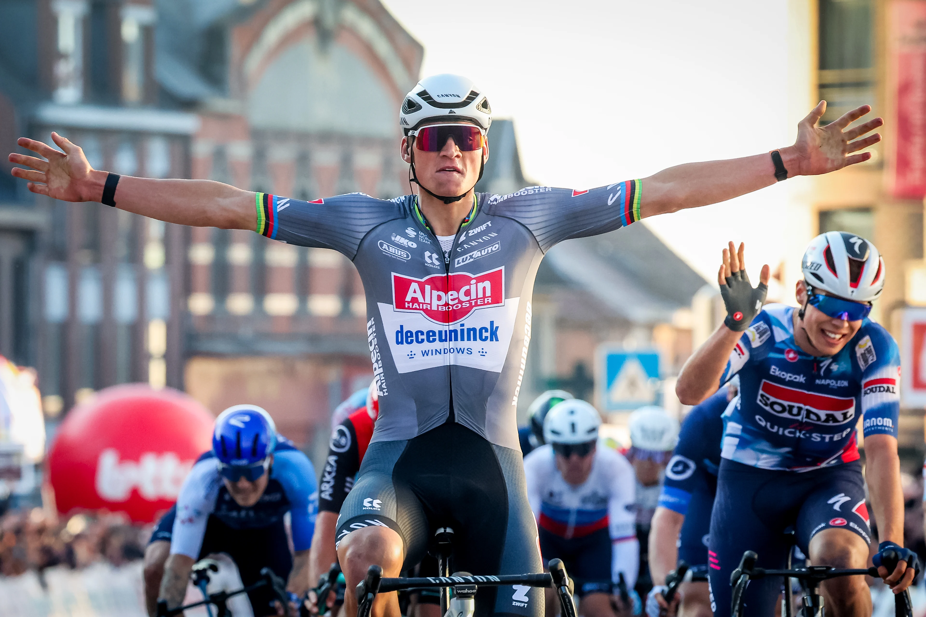 Dutch Mathieu van der Poel of Alpecin-Deceuninck celebrates as he crosses the finish line to win the 'Ename Samyn Classic' one day cycling race, 199,1km from Quaregnon to Dour on Tuesday 04 March 2025. BELGA PHOTO VIRGINIE LEFOUR