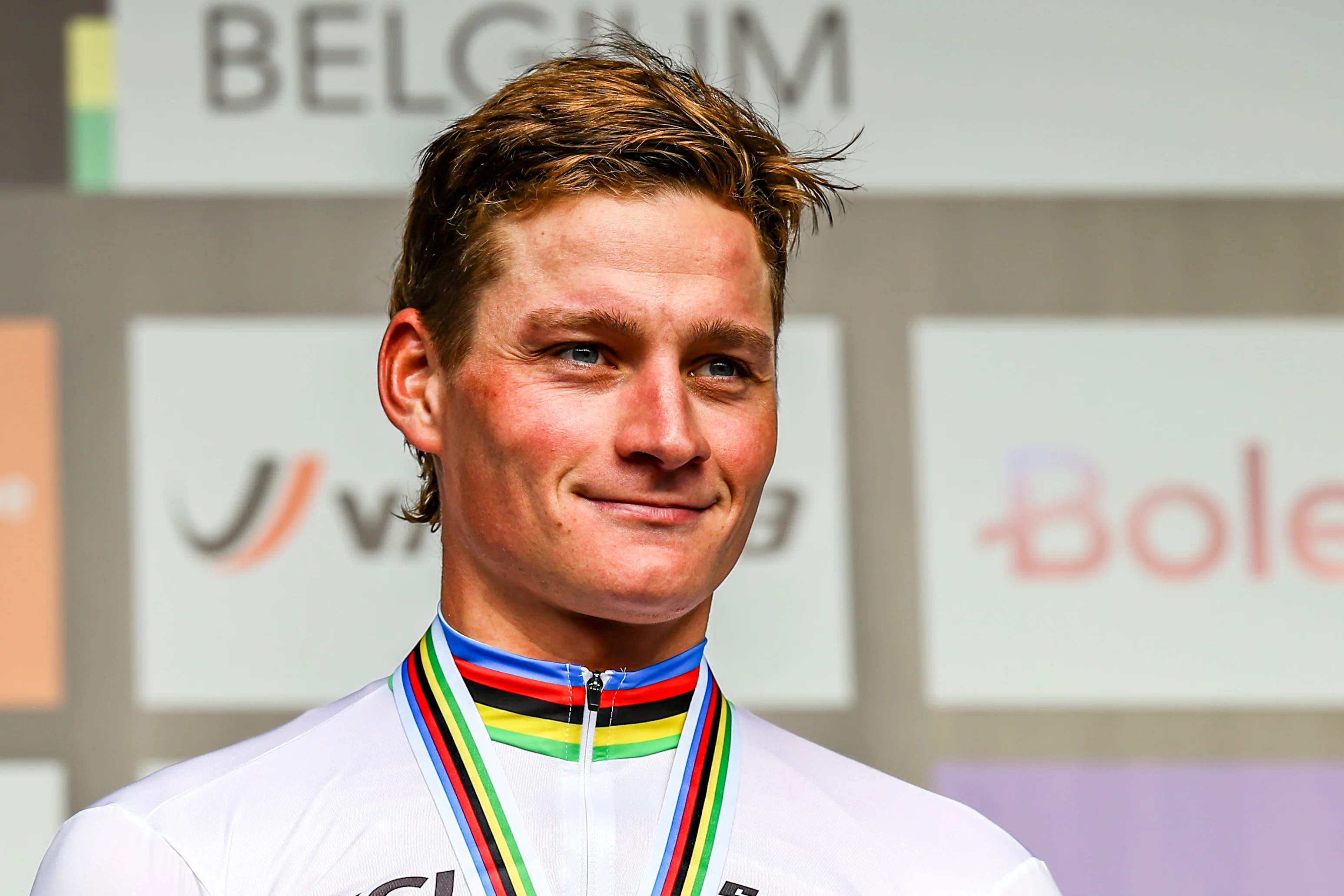 Dutch Mathieu van der Poel of Alpecin-Deceuninck celebrates on the podium after winning the men elite race at the UCI World Gravel Championships, Sunday 06 October 2024, in Leuven. BELGA PHOTO DAVID PINTENS