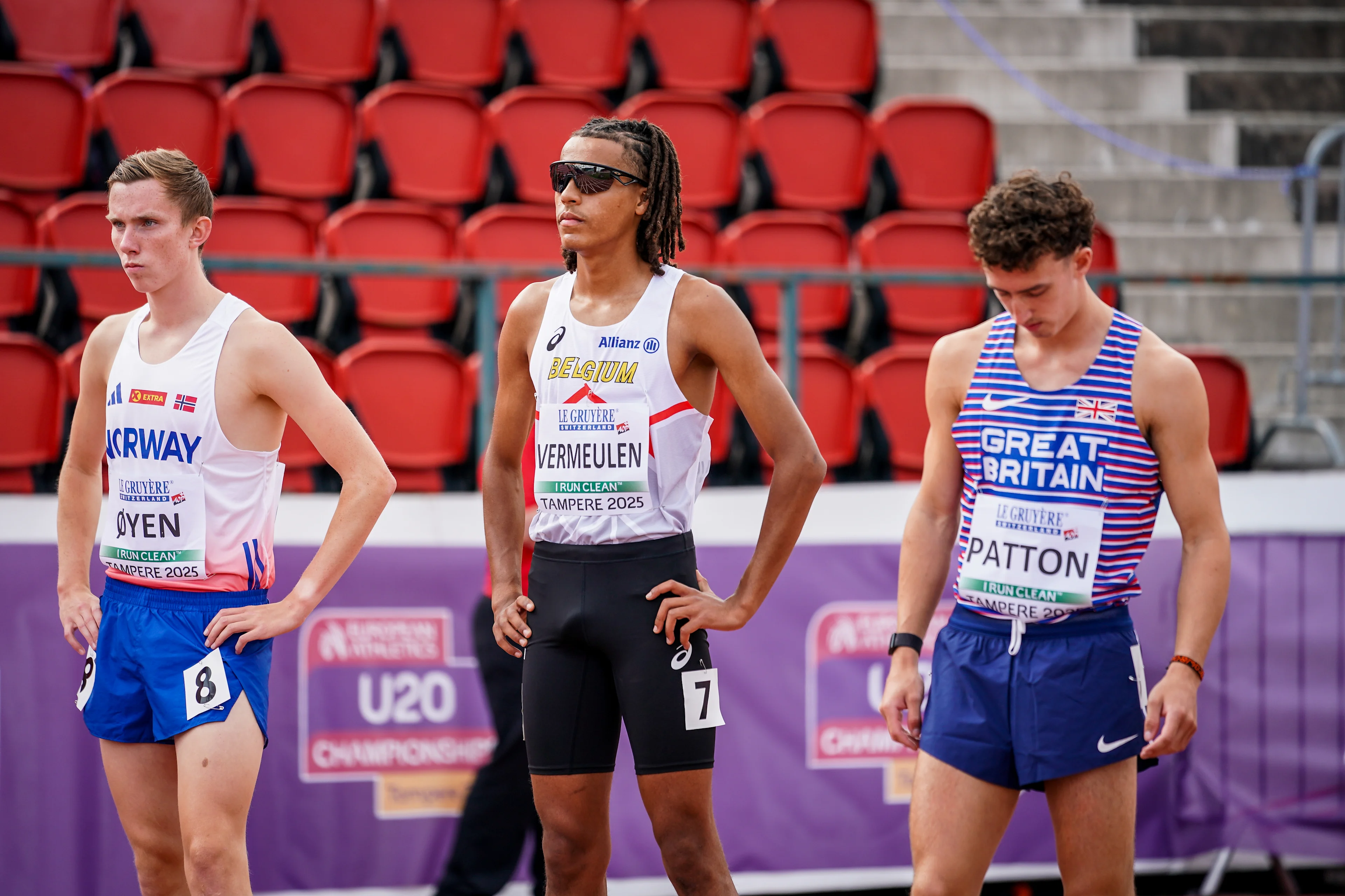 Belgian Elliot Vermeulen pictured at the start of the 1500m race, at the European Athletics U20 Championships, in Tampere, Finland, Friday 08 August 2025. The European U20 championships take place from 07 to 10 August. BELGA PHOTO COEN SCHILDERMAN