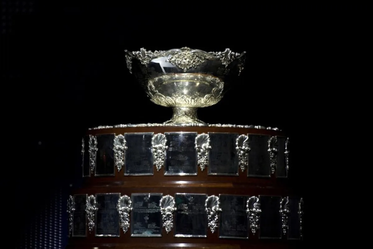 This photograph shows the Davis Cup on display before the men's single quarter-final tennis match between Canada and Finland of the Davis Cup tennis tournament at the Martin Carpena sportshall, in Malaga on November 21, 2023.  JORGE GUERRERO / AFP