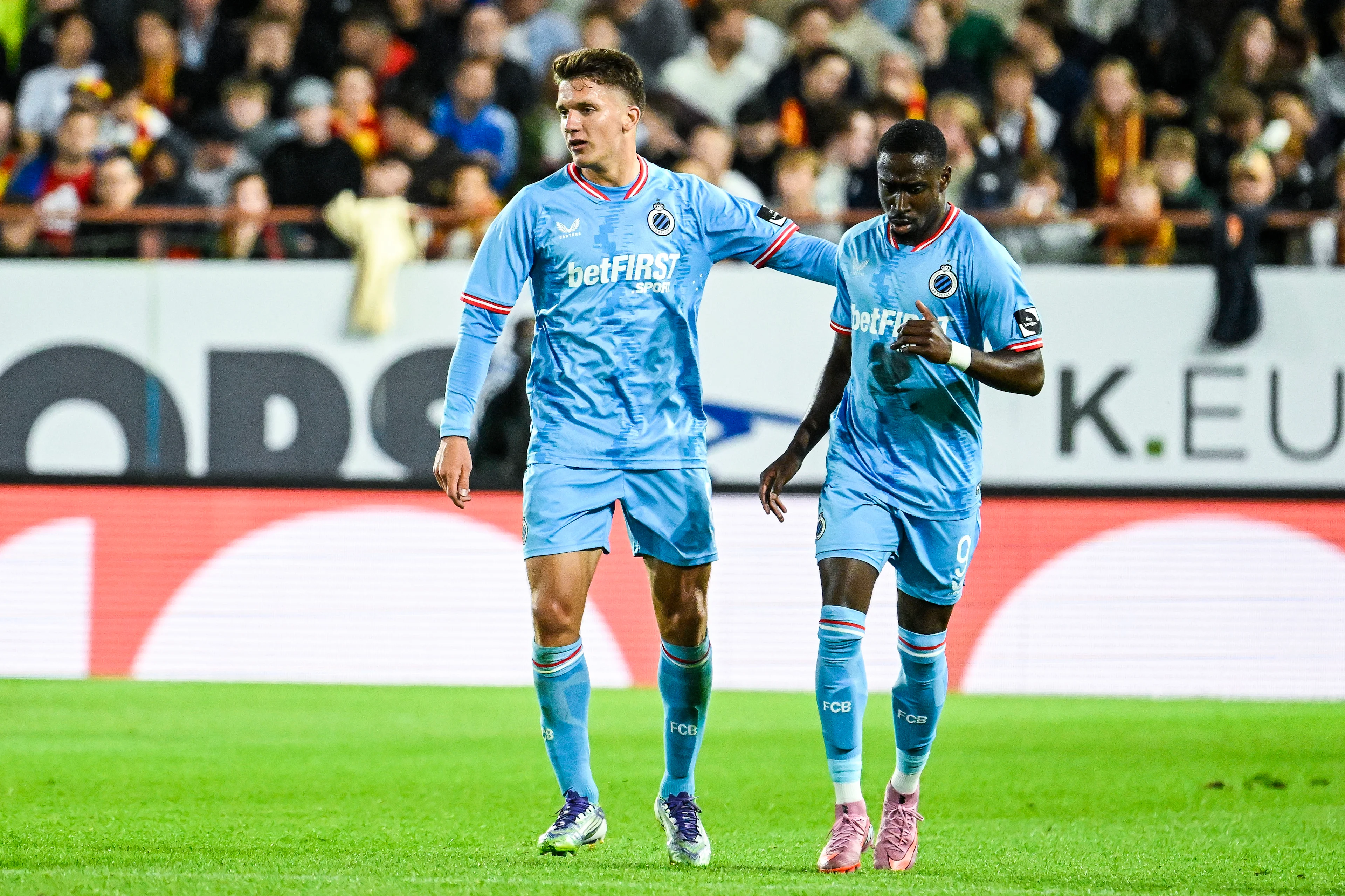 Club's Christos Tzolis celebrates after scoring during a soccer match between KV Mechelen and Club Brugge, Friday 01 August 2025 in Mechelen, on day 2 of the 2025-2026 'Jupiler Pro League' first division of the Belgian championship. BELGA PHOTO TOM GOYVAERTS