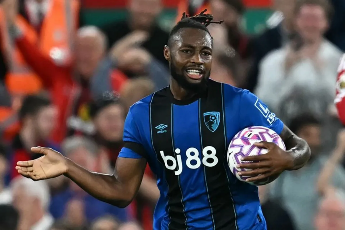 Bournemouth's Ghanaian striker #24 Antoine Semenyo celebrates after scoring their first goal during the English Premier League football match between Liverpool and Bournemouth at Anfield in Liverpool, north west England on August 15, 2025. Paul ELLIS / AFP