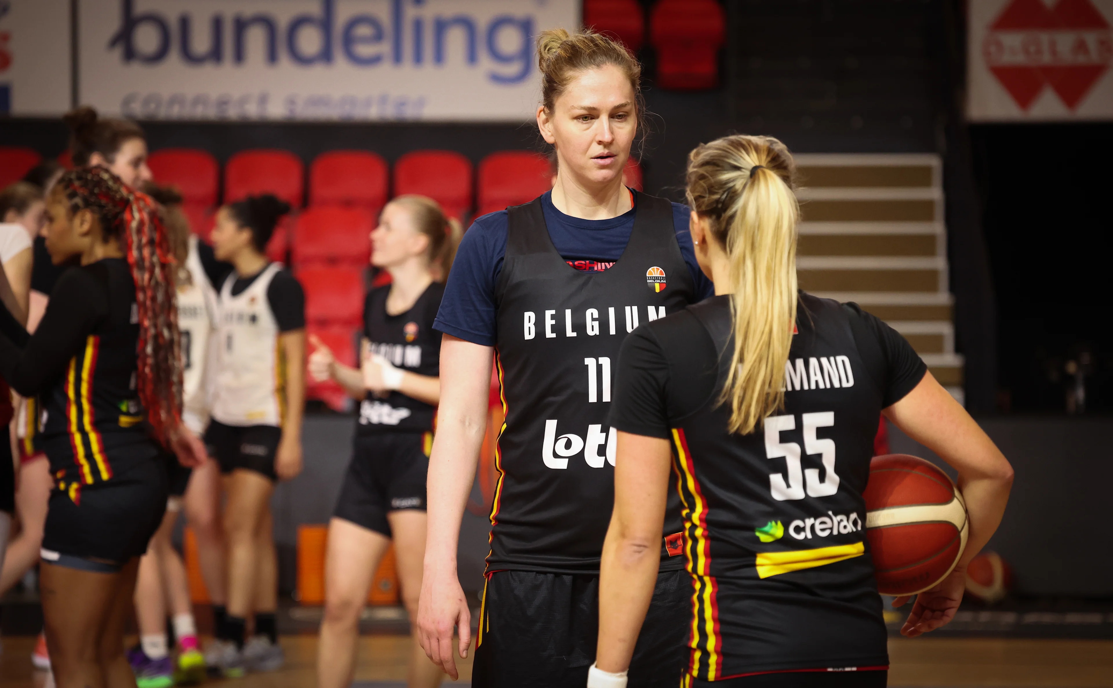 Belgium's Emma Meesseman and Belgium's Julie Allemand pictured during the media day of Belgian national women basketball team 'the Belgian Cats', in Oostende, Monday 03 February 2025. The Cats will play on 06 February a FIBA EuroBasket 2025 qualifier game against Azerbaijan. BELGA PHOTO VIRGINIE LEFOUR