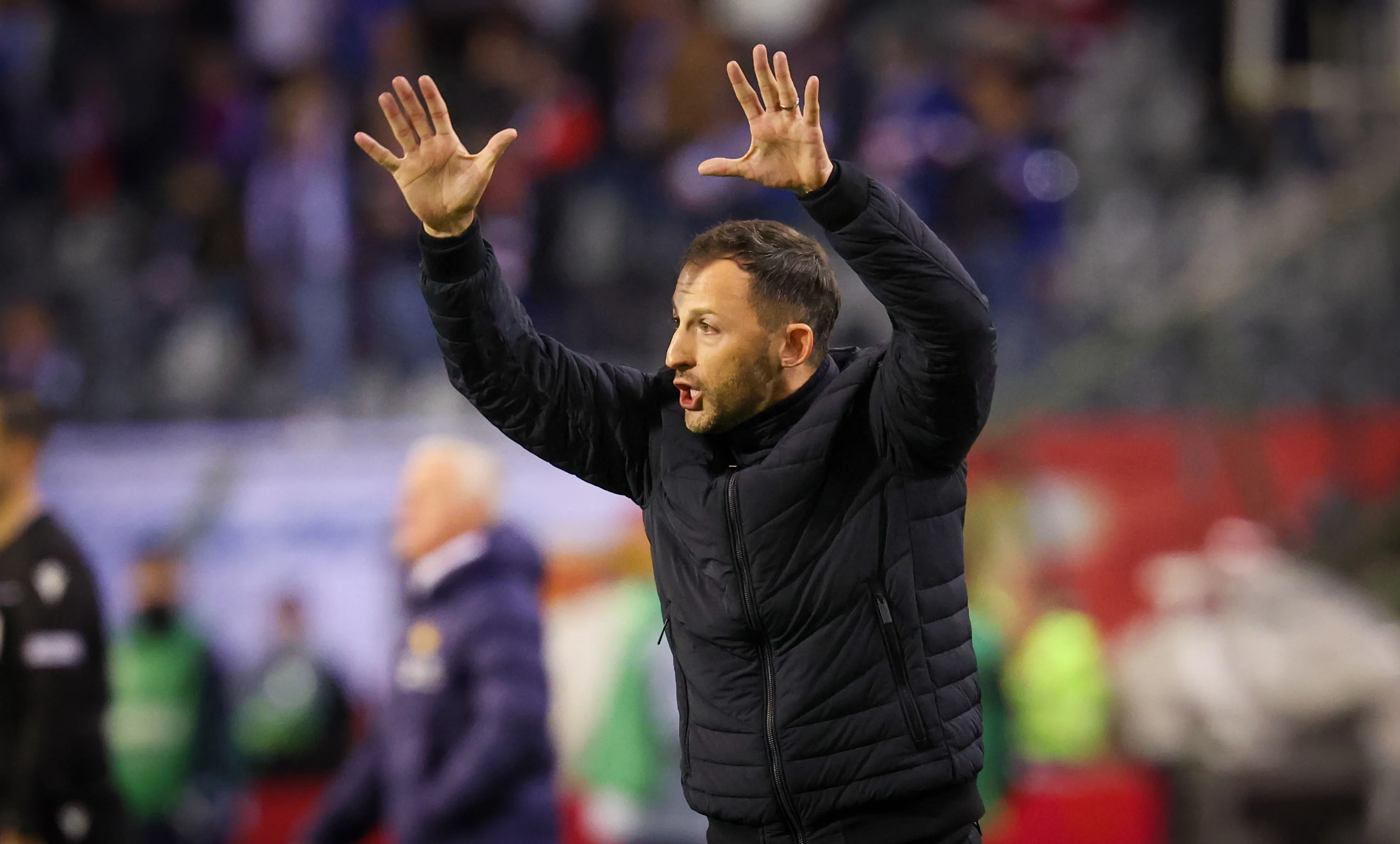 Belgium's head coach Domenico Tedesco gestures during a soccer game between Belgian national soccer team Red Devils and France, match 4 (out of 6) in the League A Group 2 of the UEFA Nations League 2025 competition, Monday 14 October 2024 in Brussels. BELGA PHOTO VIRGINIE LEFOUR